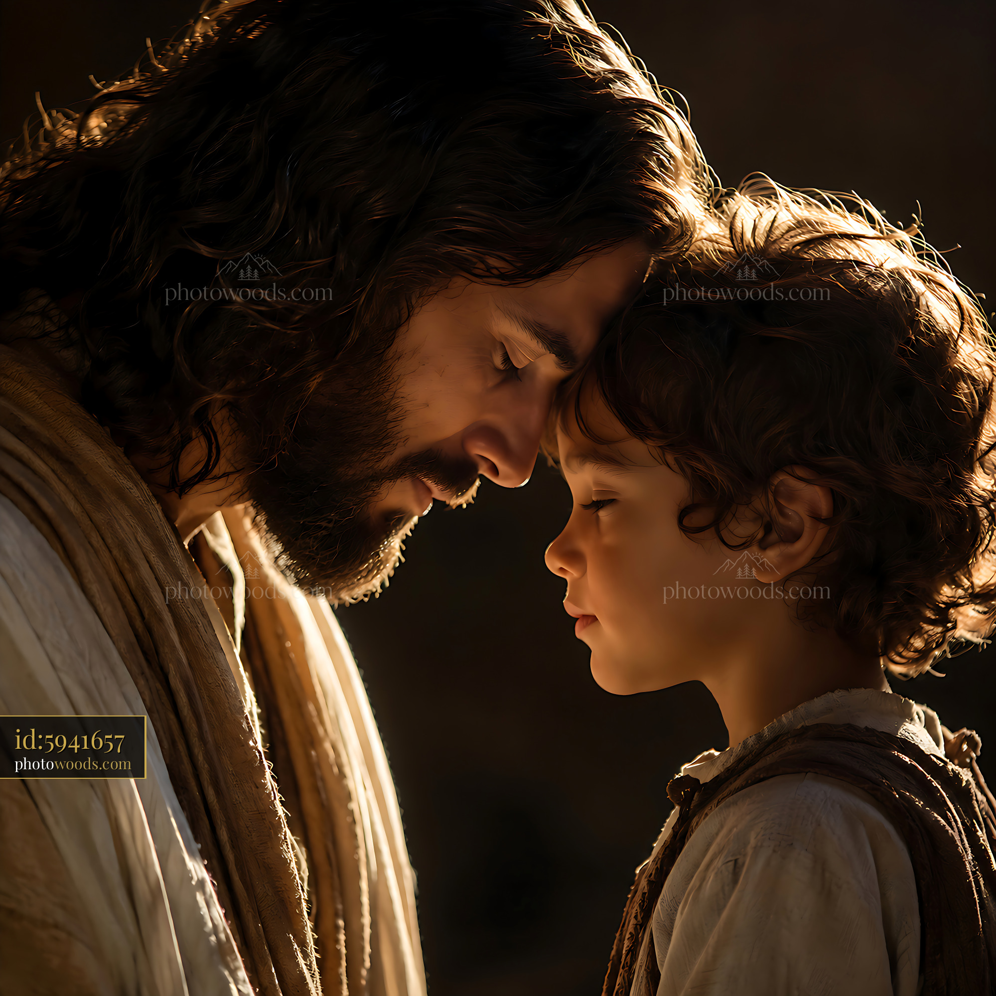 Man and Child Share Loving Moment, Heads Touching Softly