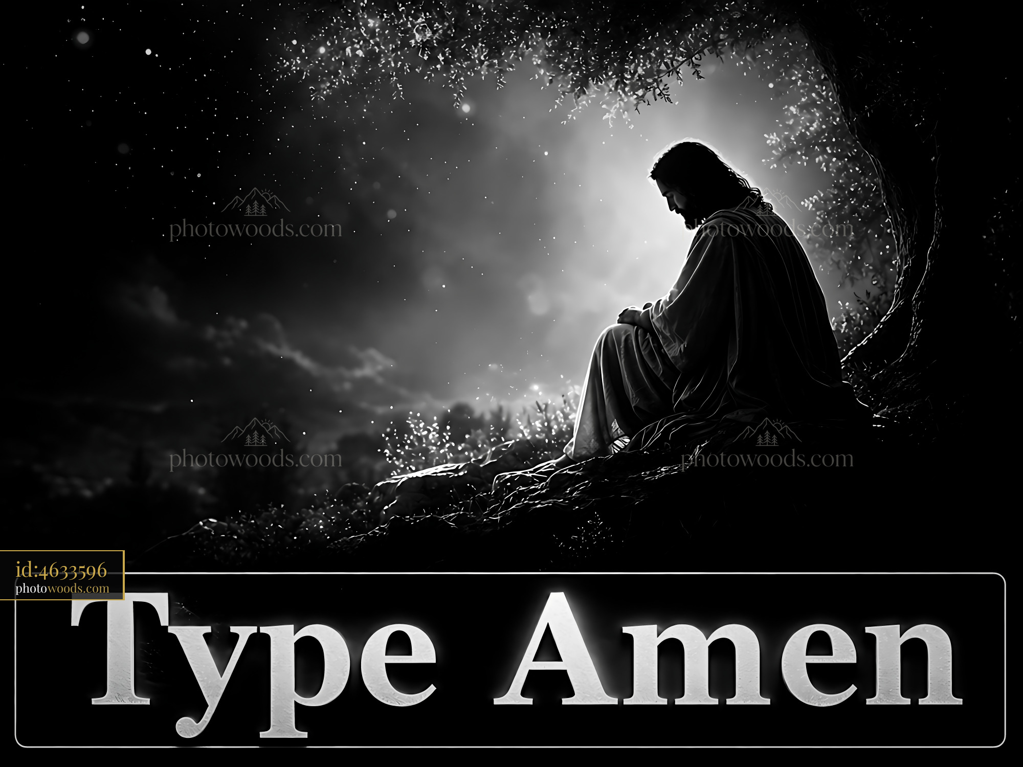 Jesus Sitting Quietly Under a Tree in Misty Night Forest