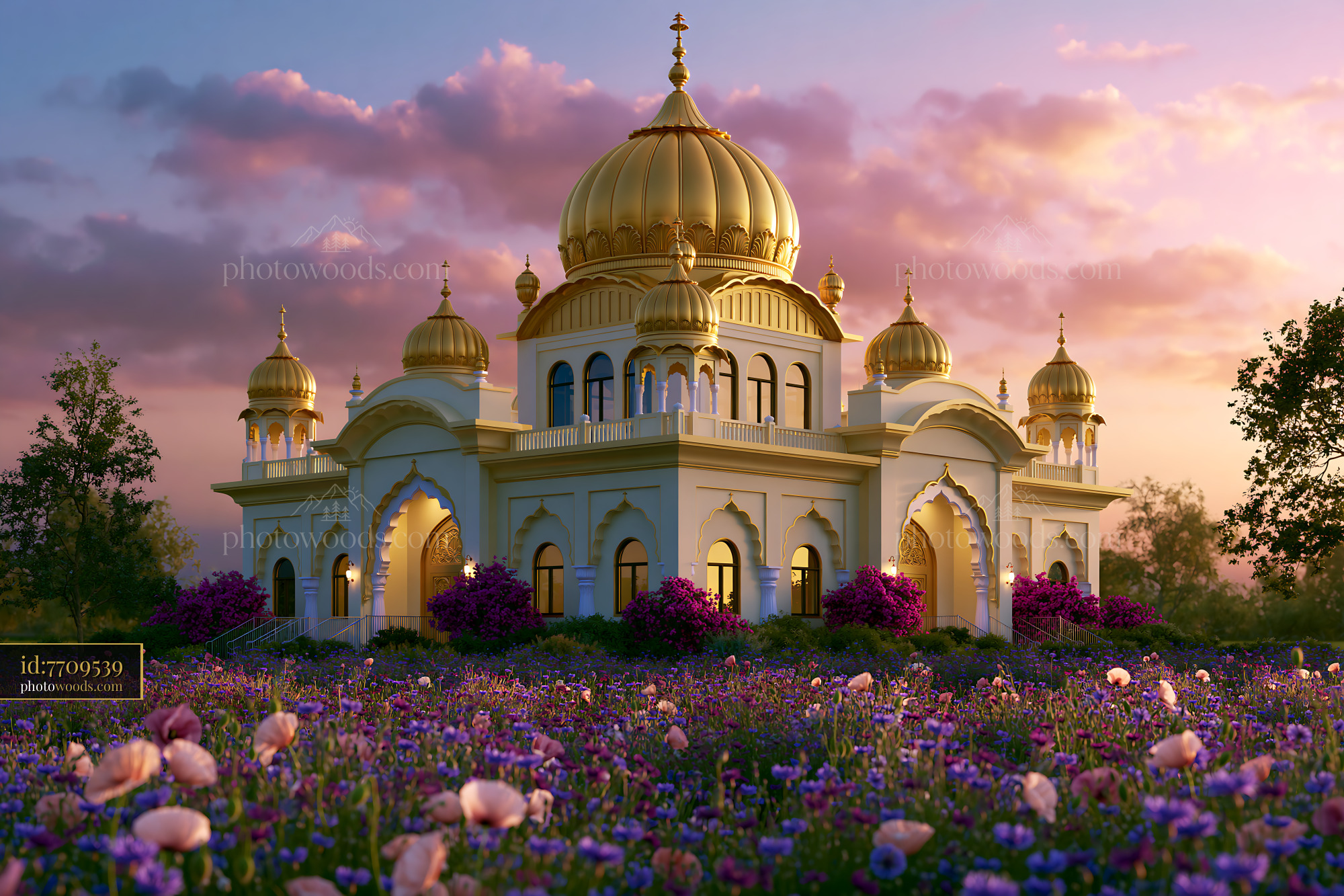 Golden Dome Temple With Blooming Flowers at Sunset