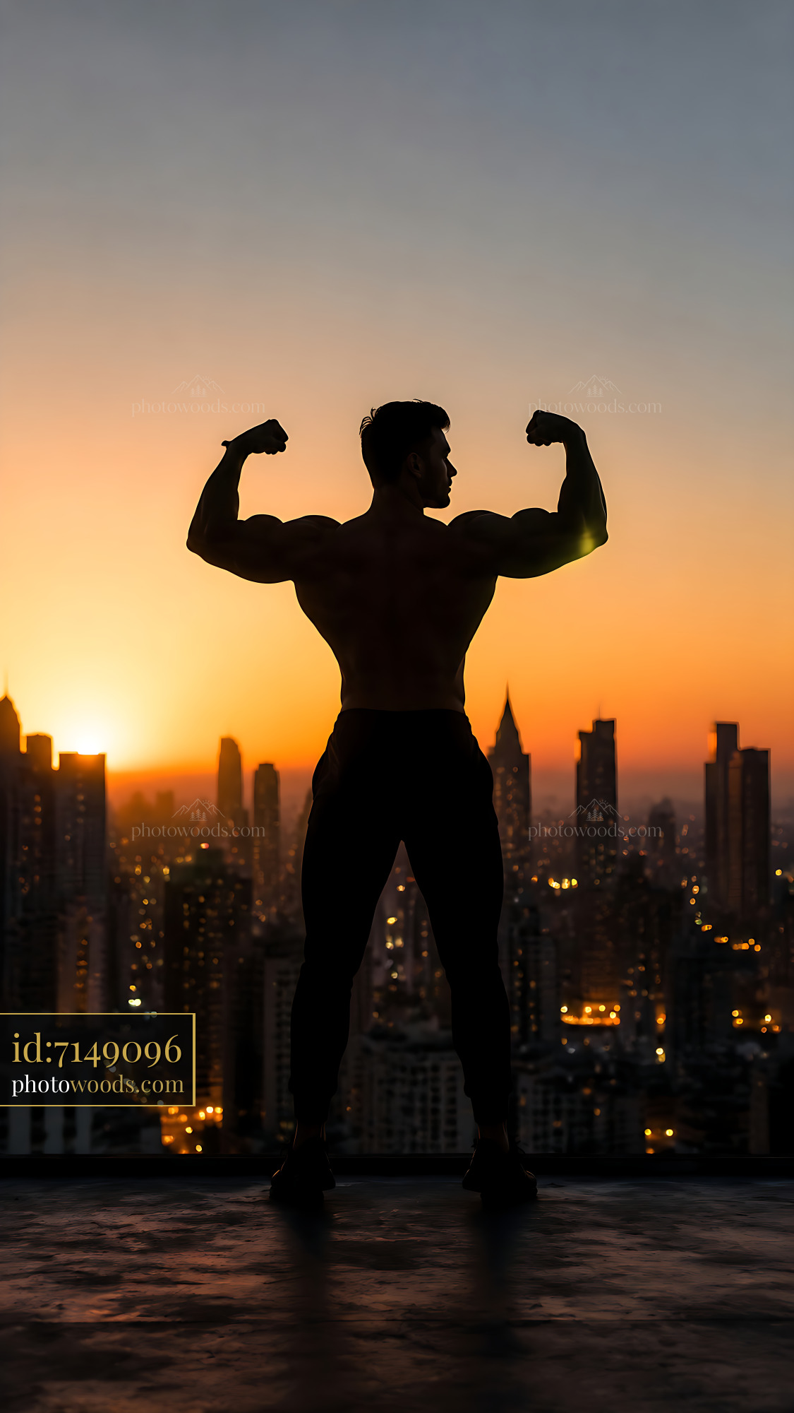 Strong Man Poses Against City Skyline at Sunset