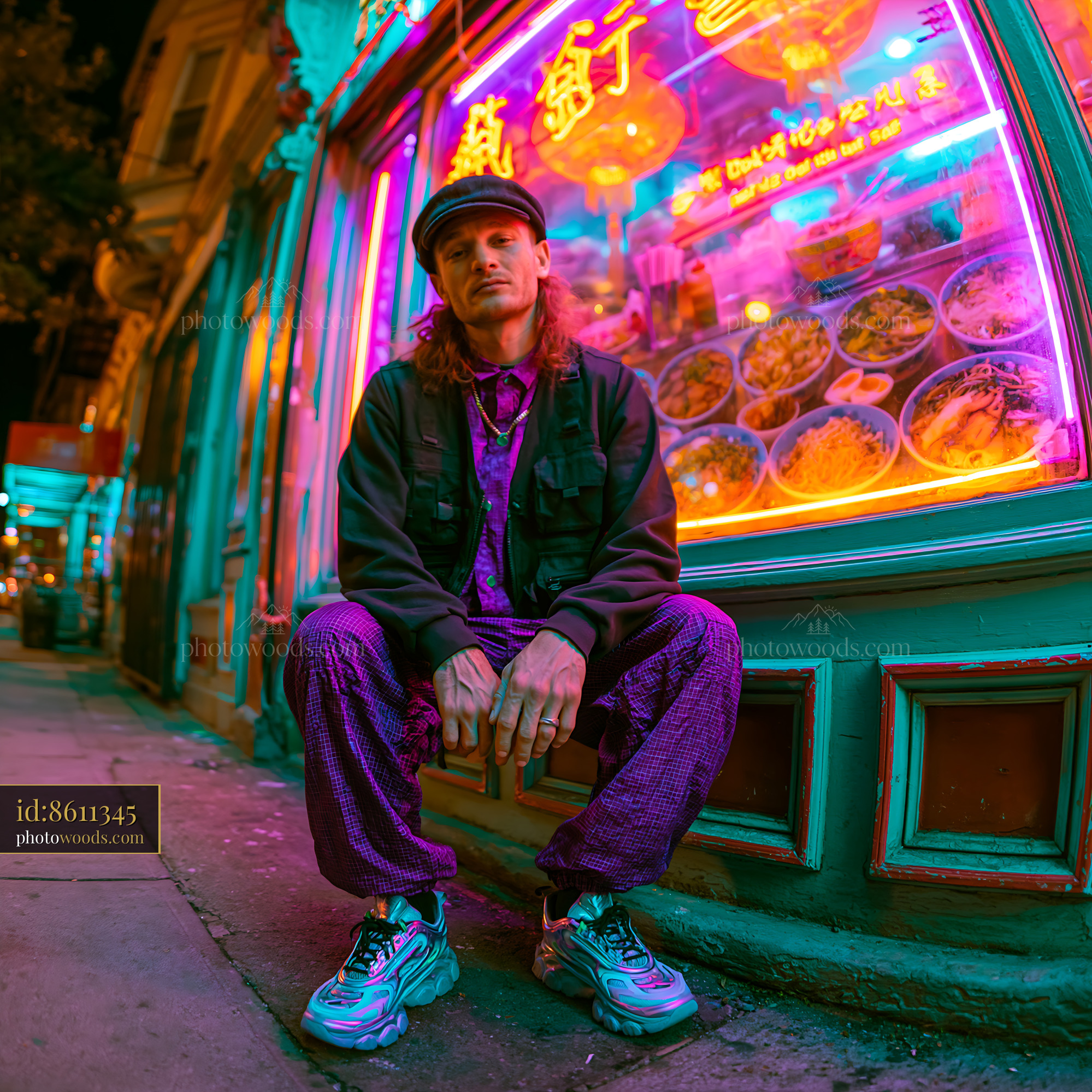 Man in Tactical Vest Sitting Outside Colorful Restaurant at Night