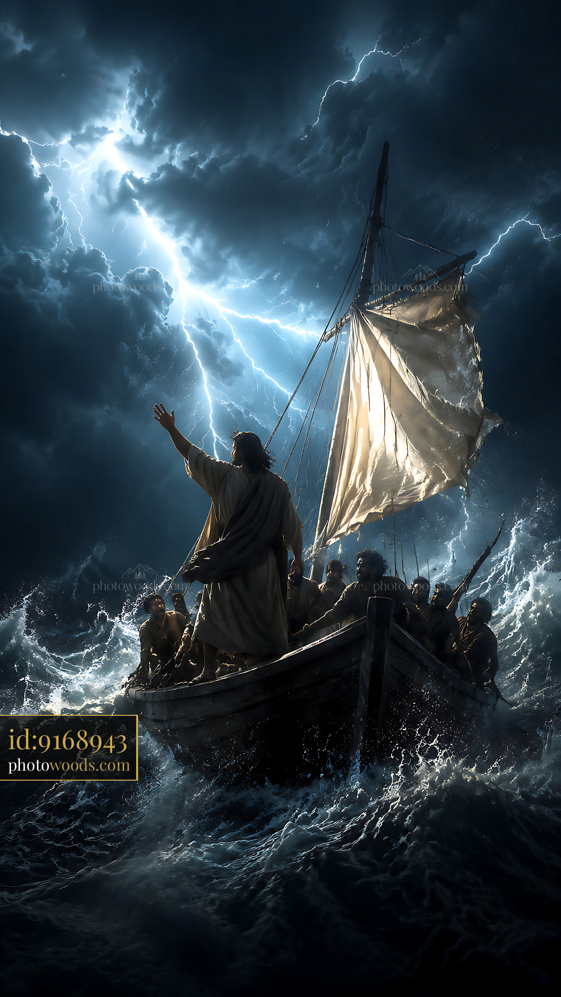 Boat Sailing Through Storm With People and Figure Raising Hand