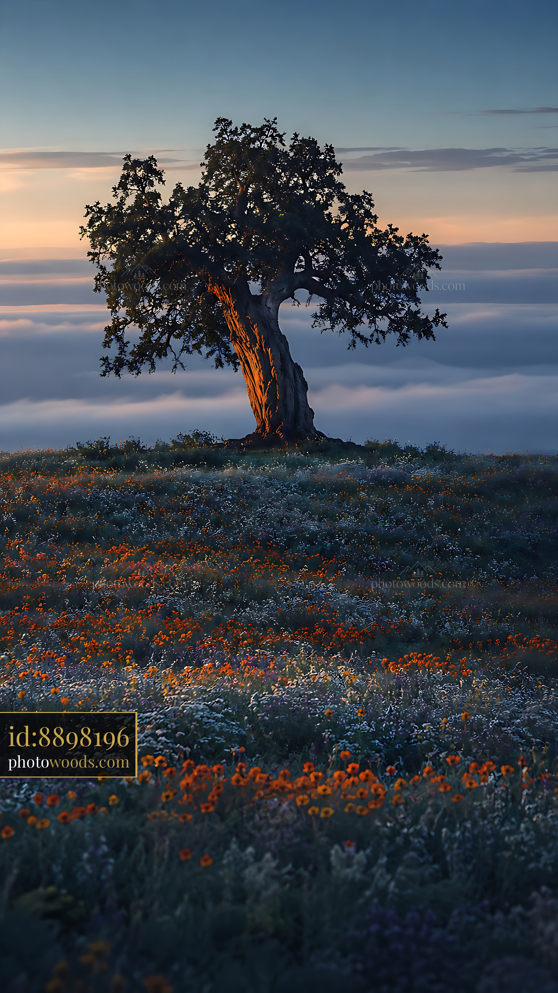 Tree Stands on Hill Above Clouds During Sunset With Flowers