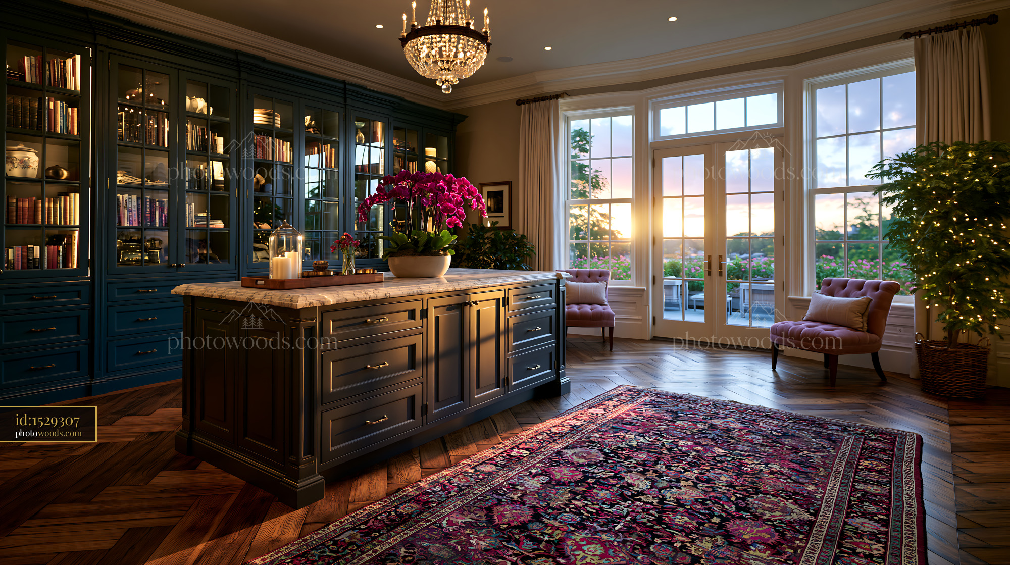 Modern Dressing Room With an Island Countertop and Large Windows