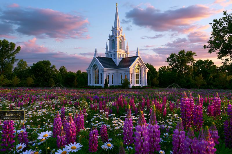Architectural Photography of a Church Surrounded by Flowers at Sunset