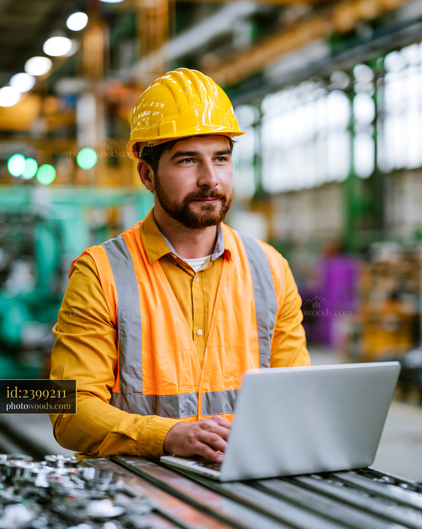 Worker Using Laptop in Industrial Setting During the Day