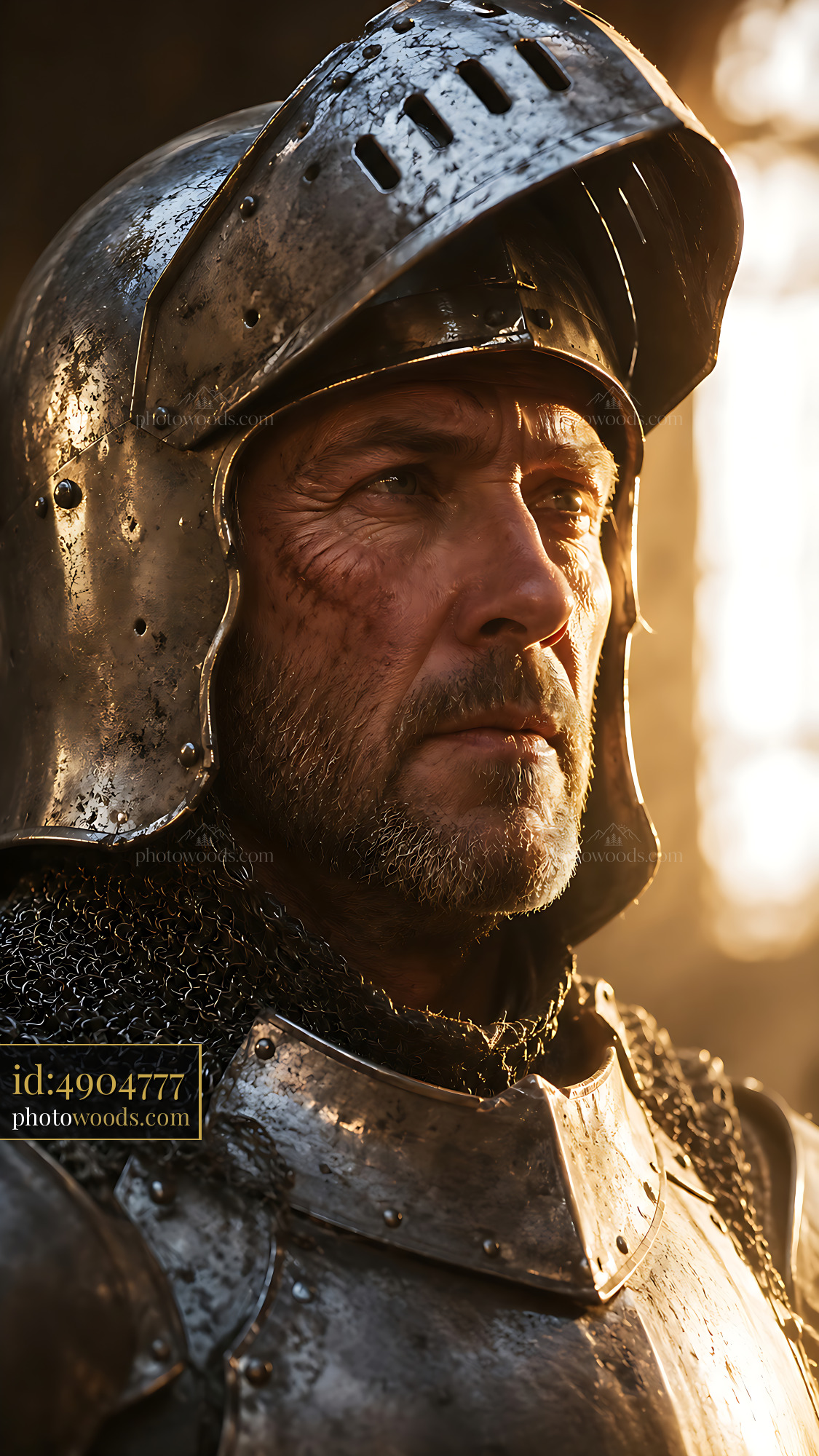 Knight in Armor Stands in Forest During Sunset