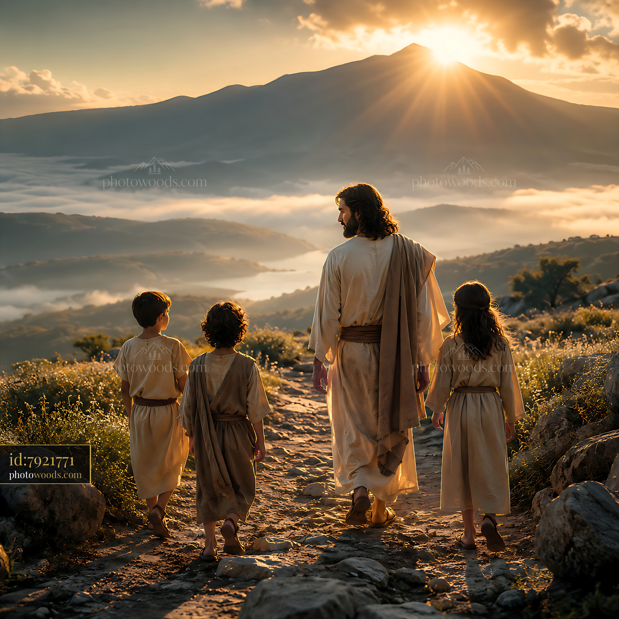Jesus Walks With Children on a Mountain Path at Sunset