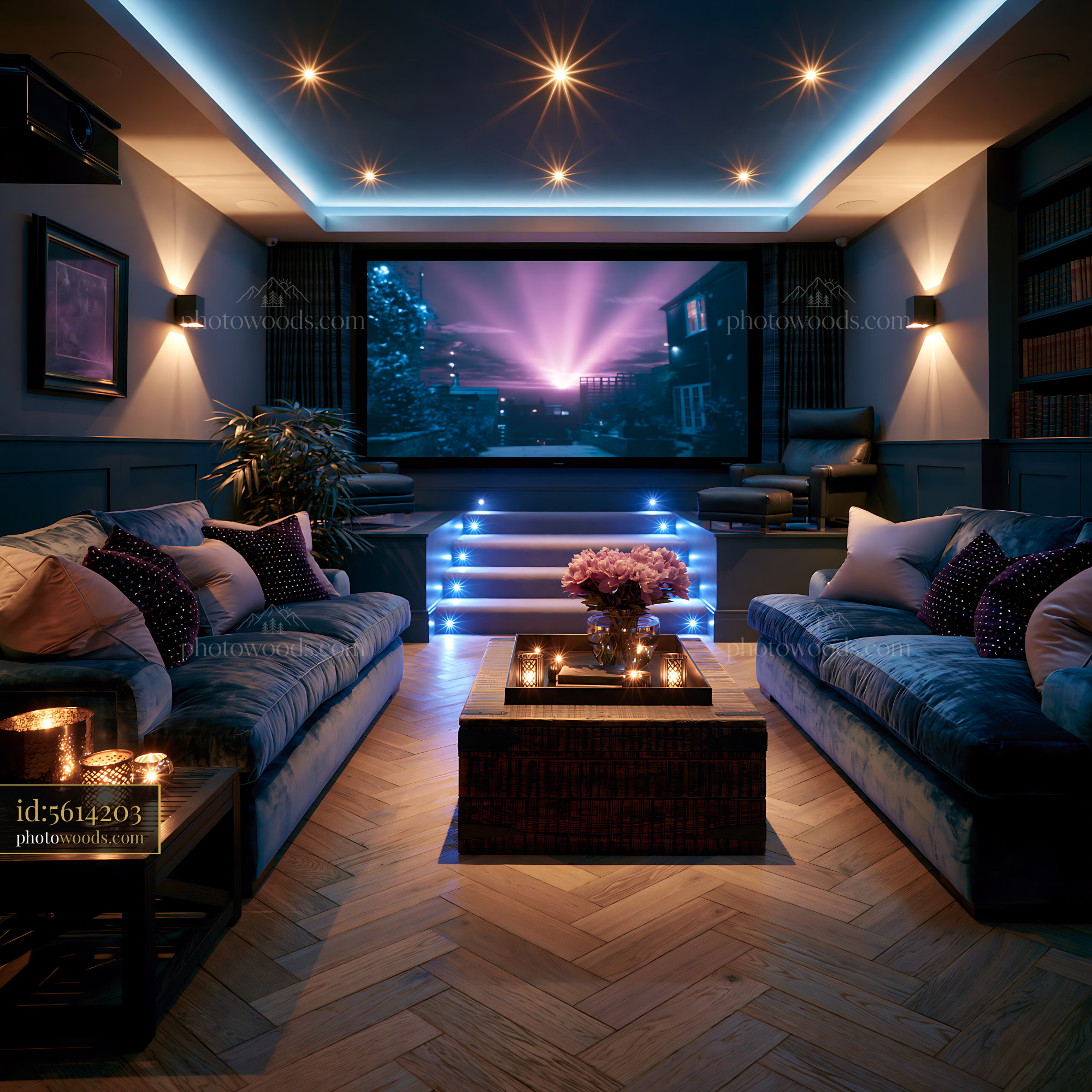 Basement Screening Room With Cozy Seating and Soft Lighting