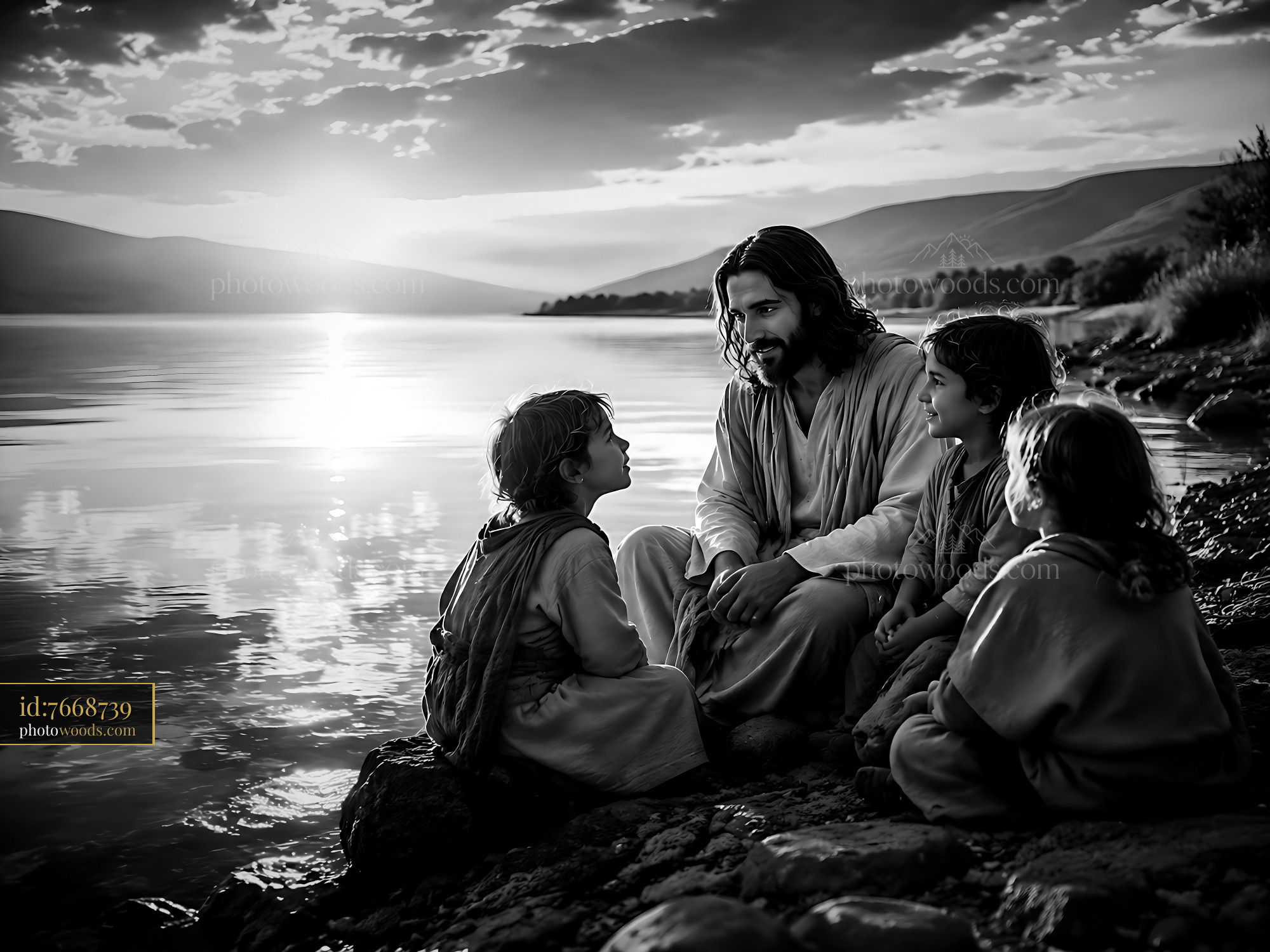 Jesus Speaks With Children by the Lake During Sunset