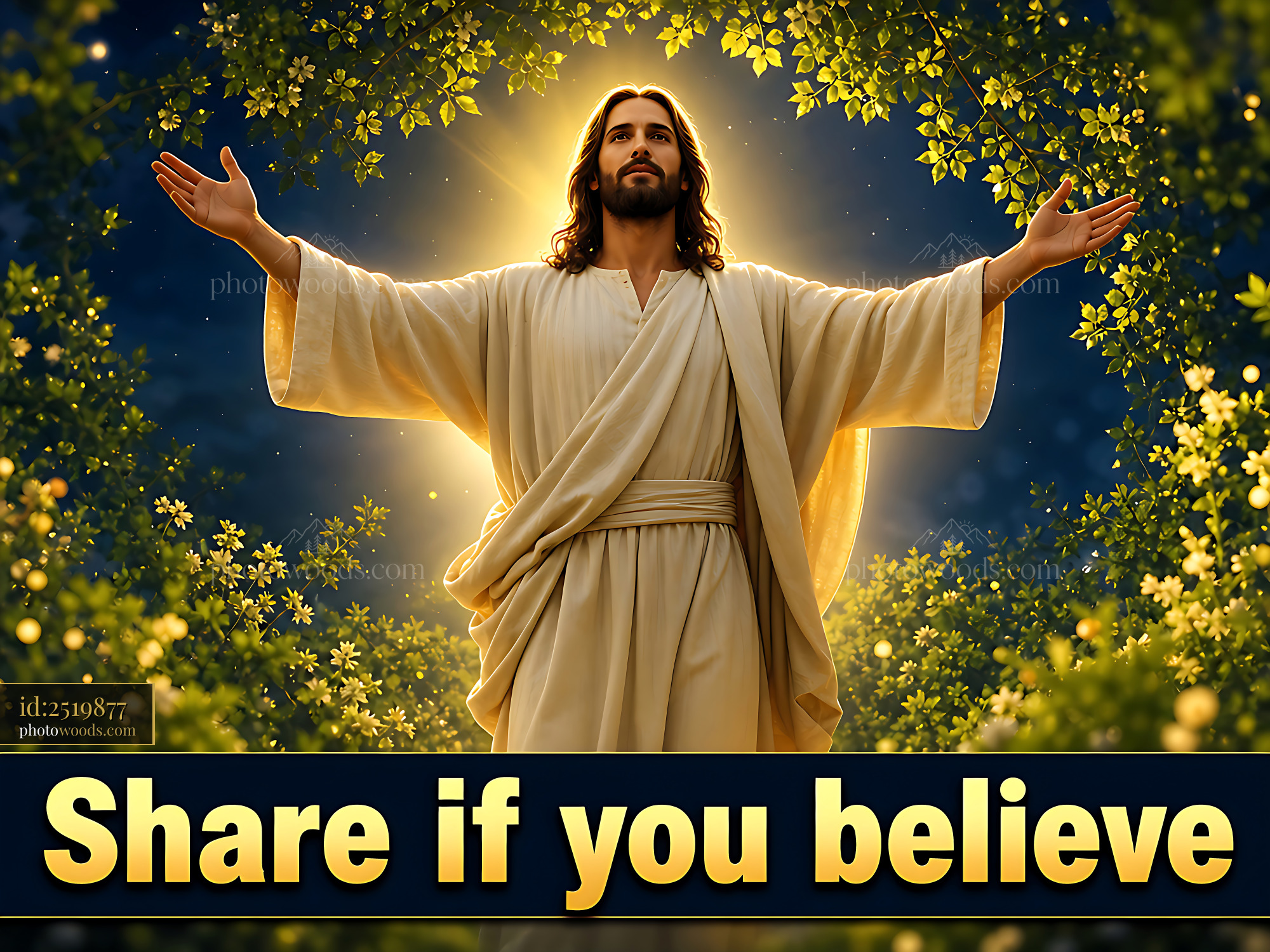 Jesus Stands With Open Arms Under Glowing Foliage at Night