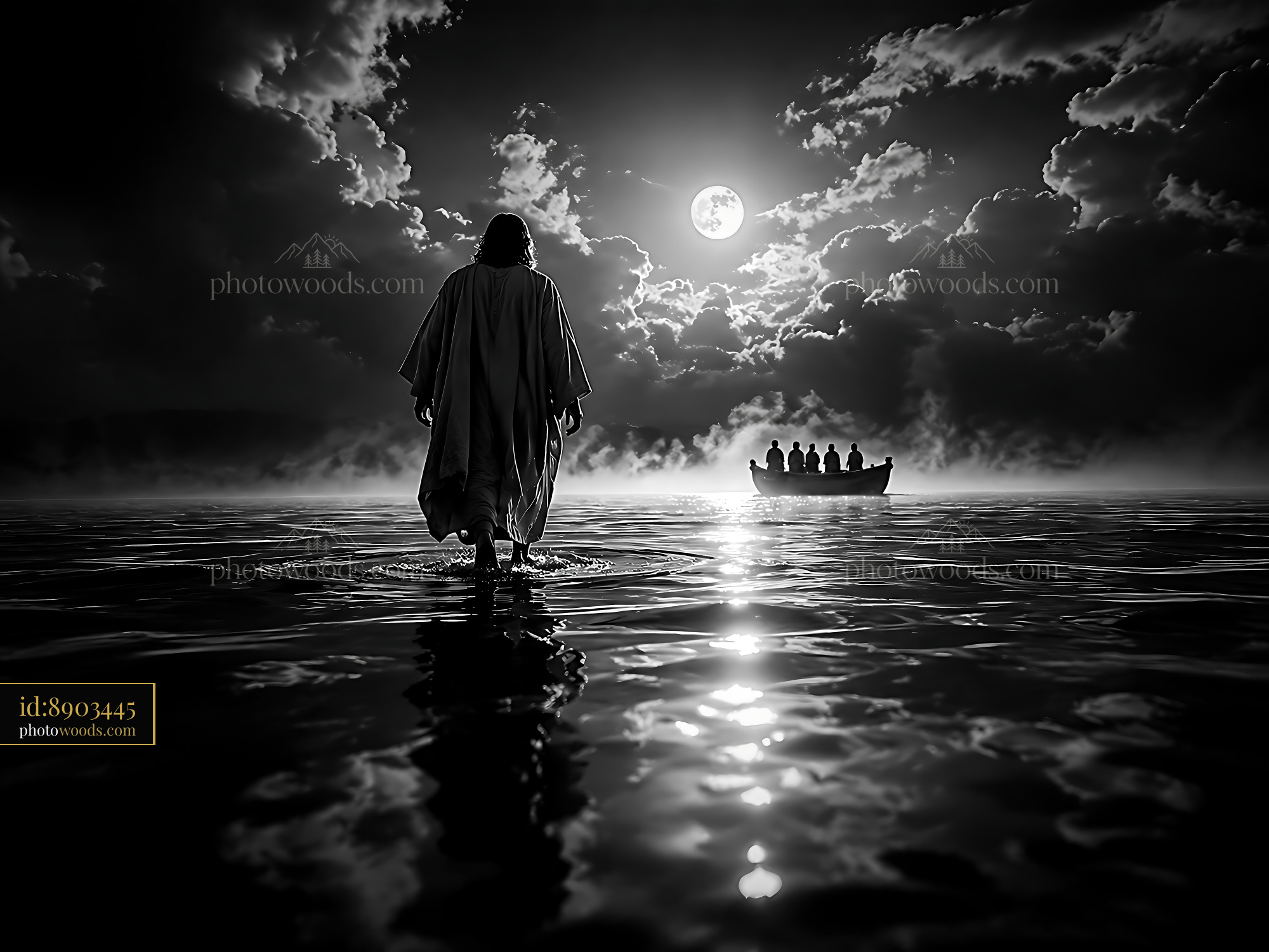 Person Walking on Water Under the Moonlight With a Boat Behind