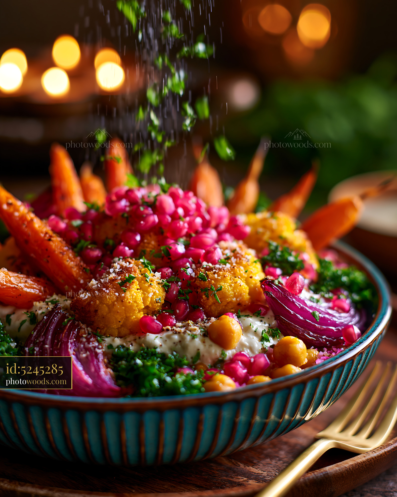 Roasted Vegetables in a Vibrant Buddha Bowl With Herbs and Spices