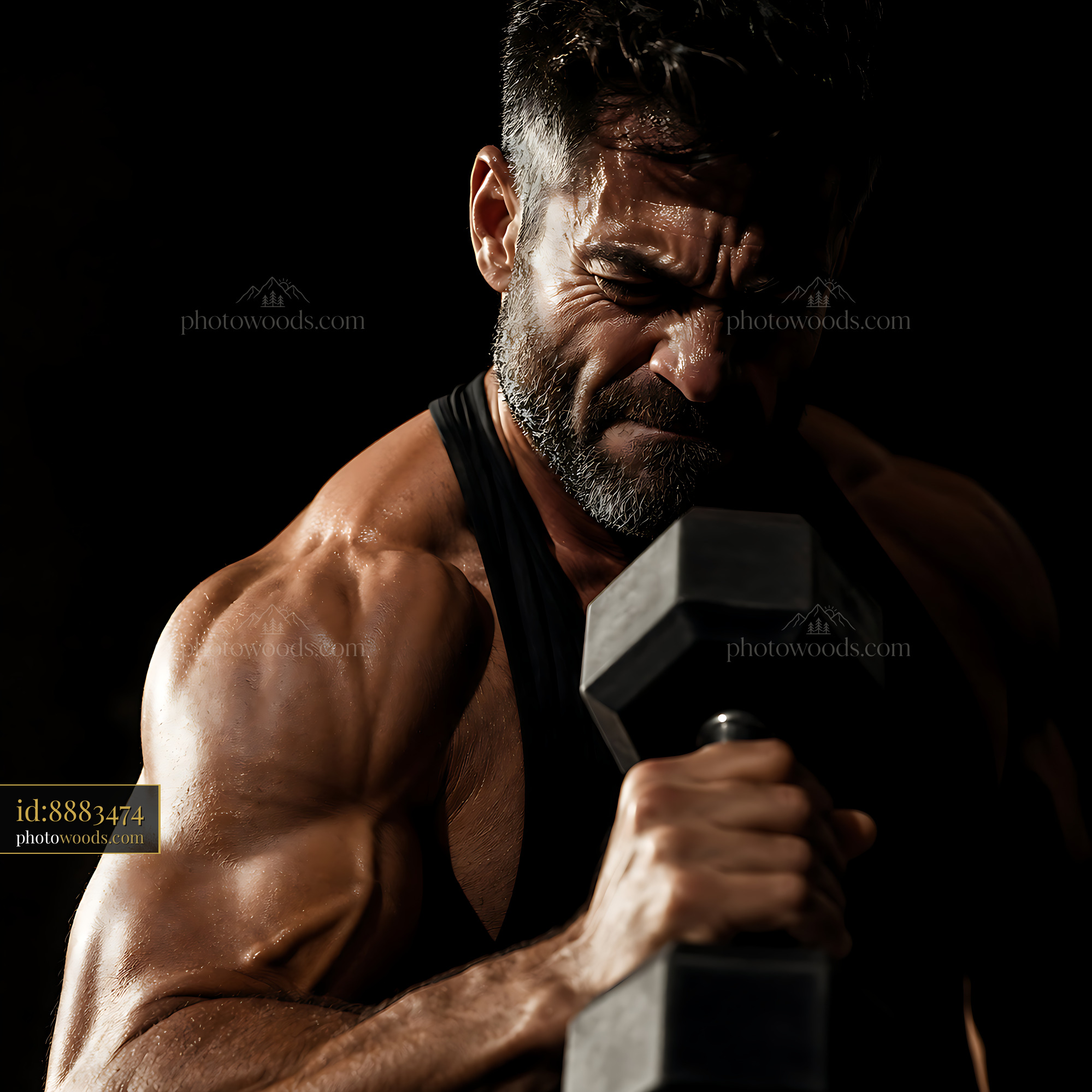 Man Lifting Dumbbell in Dark Gym With Intense Focus and Strength