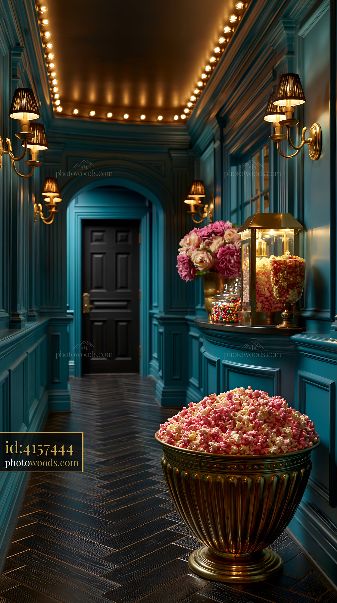 Art Deco Basement Movie Room With Popcorn and Floral Decor