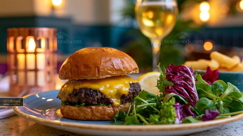 Juicy Smash Burger With Melting Cheese and Fresh Salad on a Plate