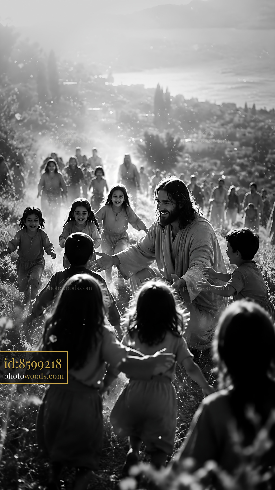 Jesus Engages With Children in a Field Under Bright Light