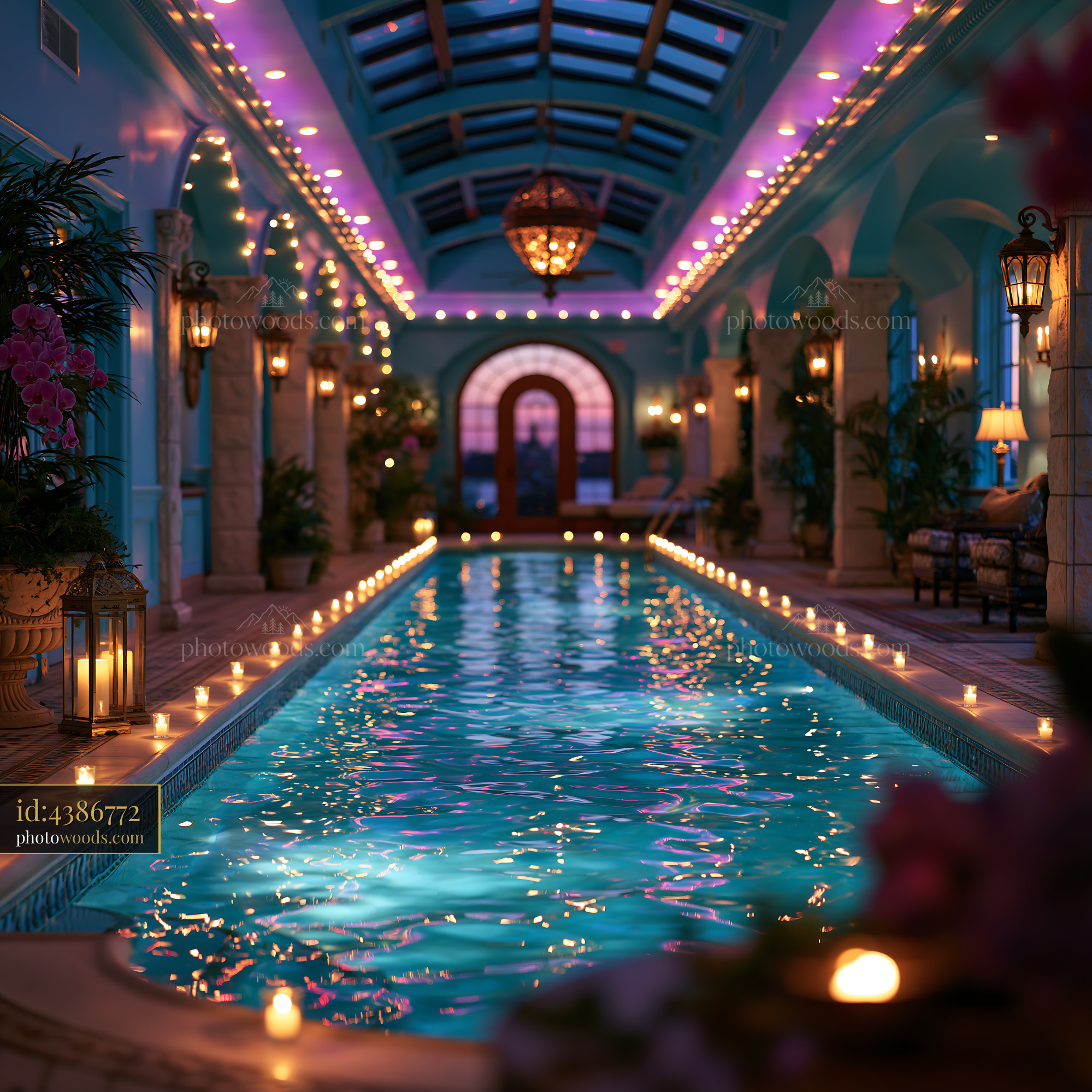 Indoor Pool Hall With Stone Columns and Blue Lighting