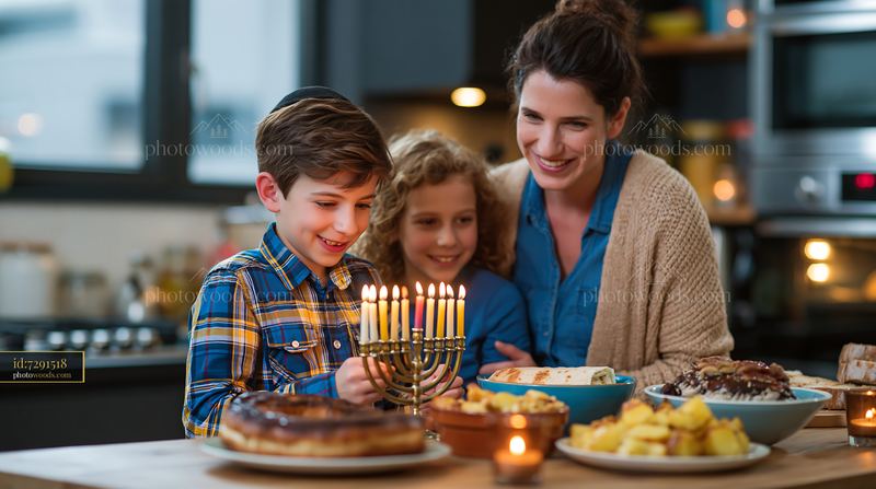 Family Lighting Menorah for Hanukkah Celebration at Home