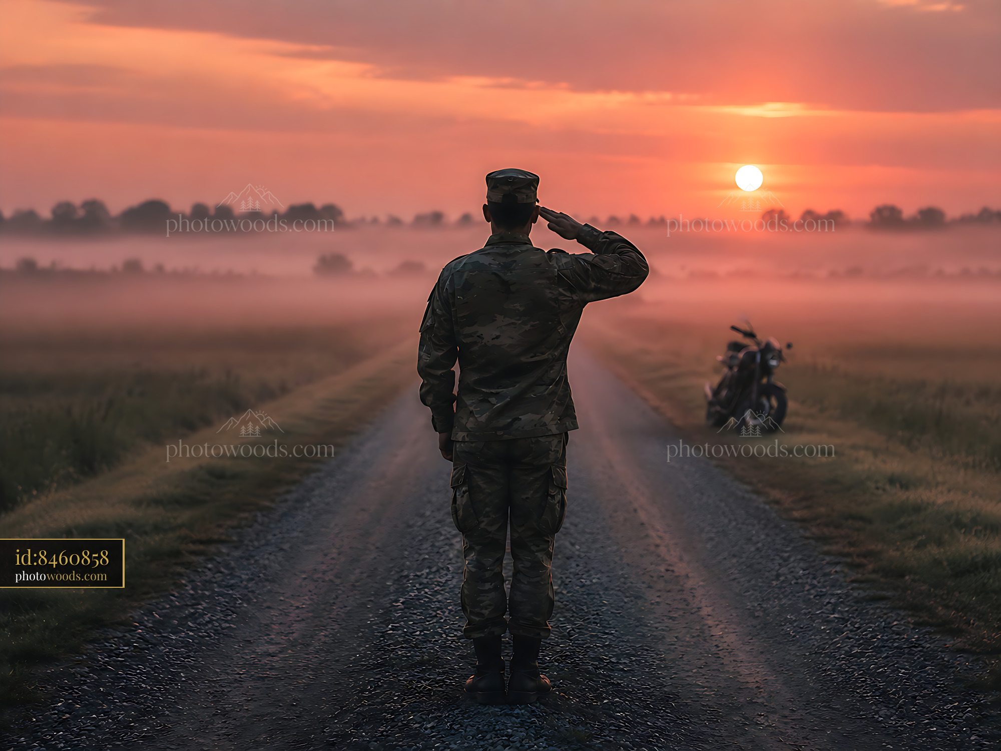 Soldier Salutes at Sunset on a Rural Road With a Motorcycle Nearby