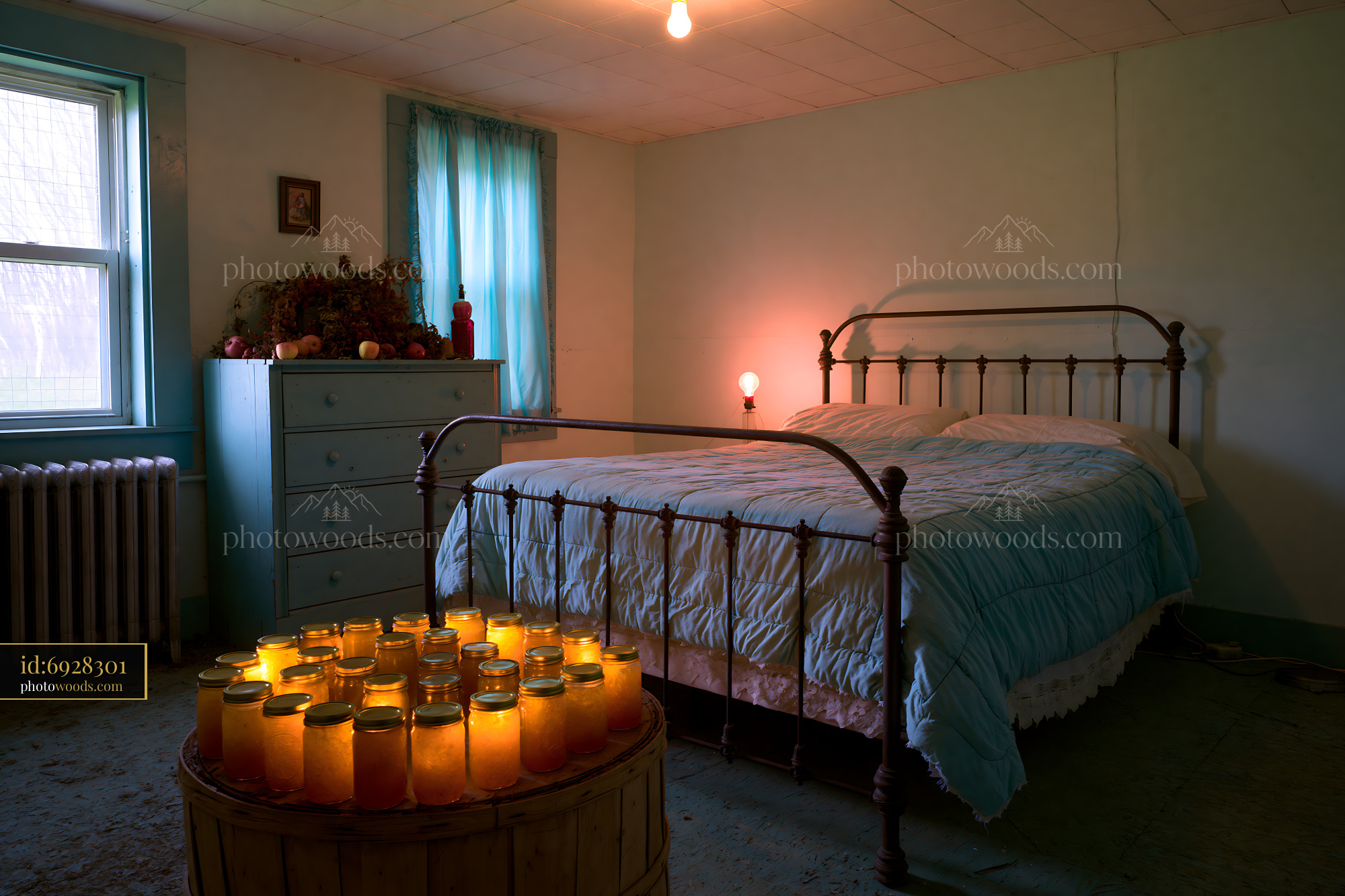 Rustic Bedroom With Iron Frame Bed and Jars of Preserves