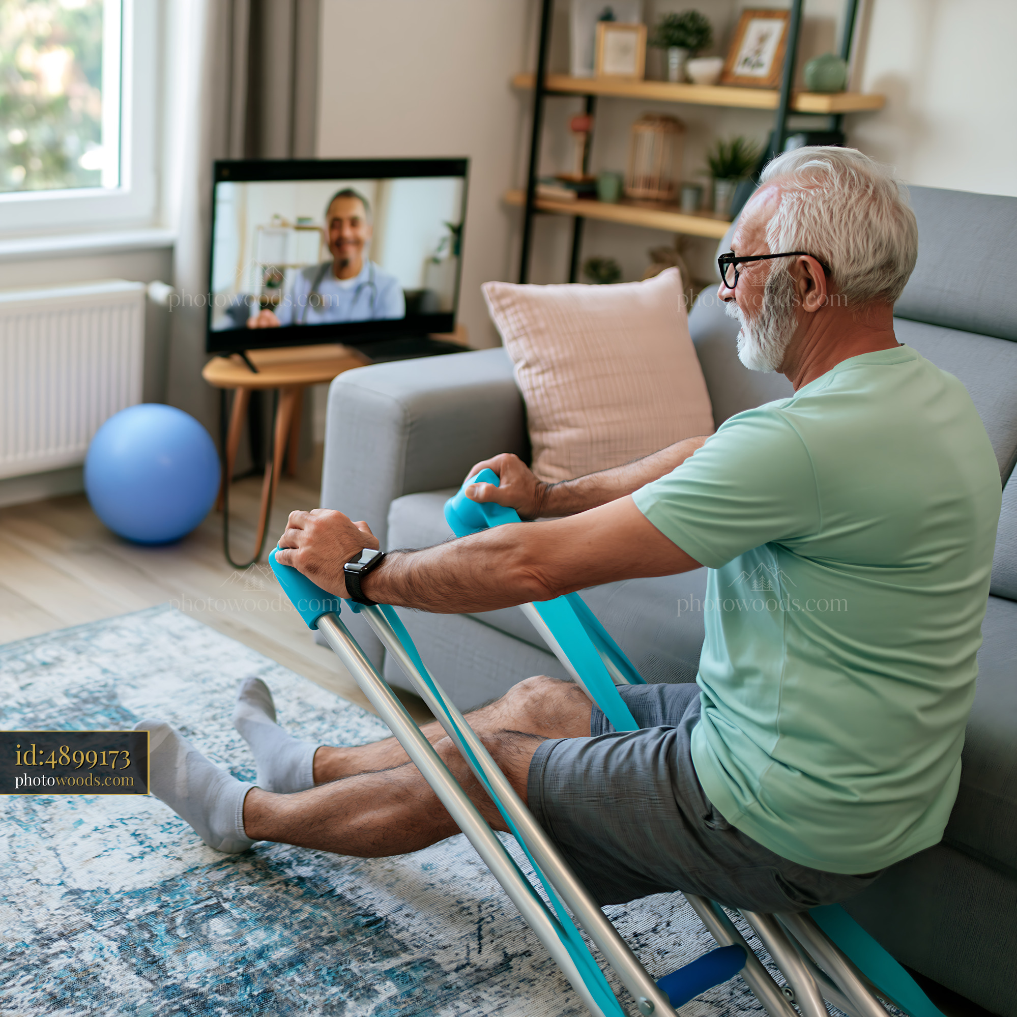 Senior Man Exercising at Home During Telemedicine Consultation