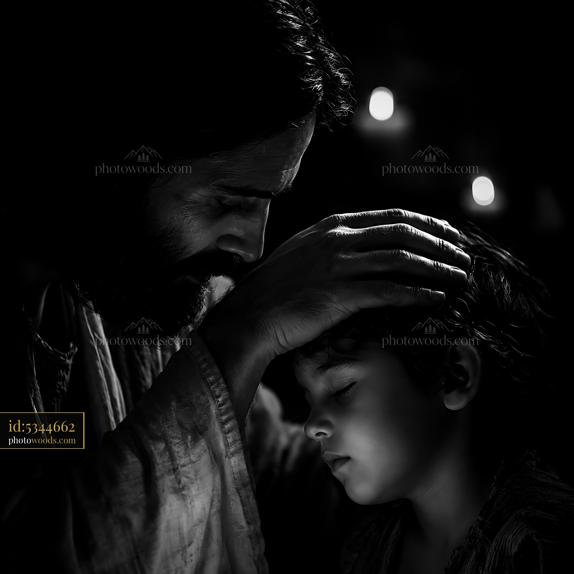 Man Touches Boy's Head in Dim Light Showing Care and Comfort