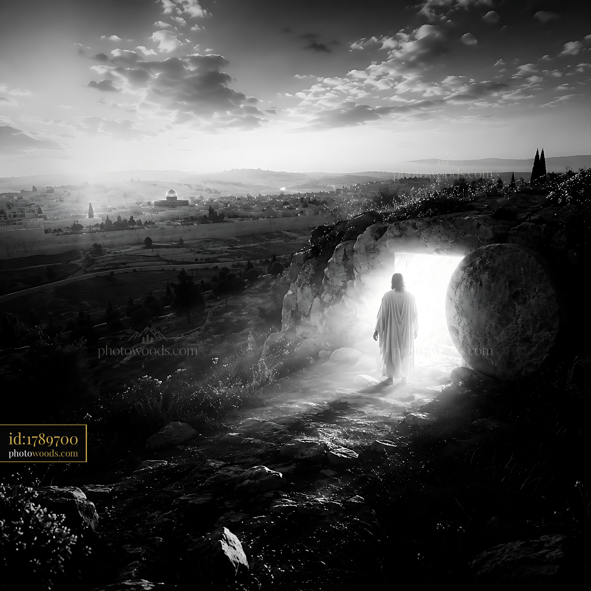 Figure Emerges From Tomb Into Bright Light in Dark Landscape
