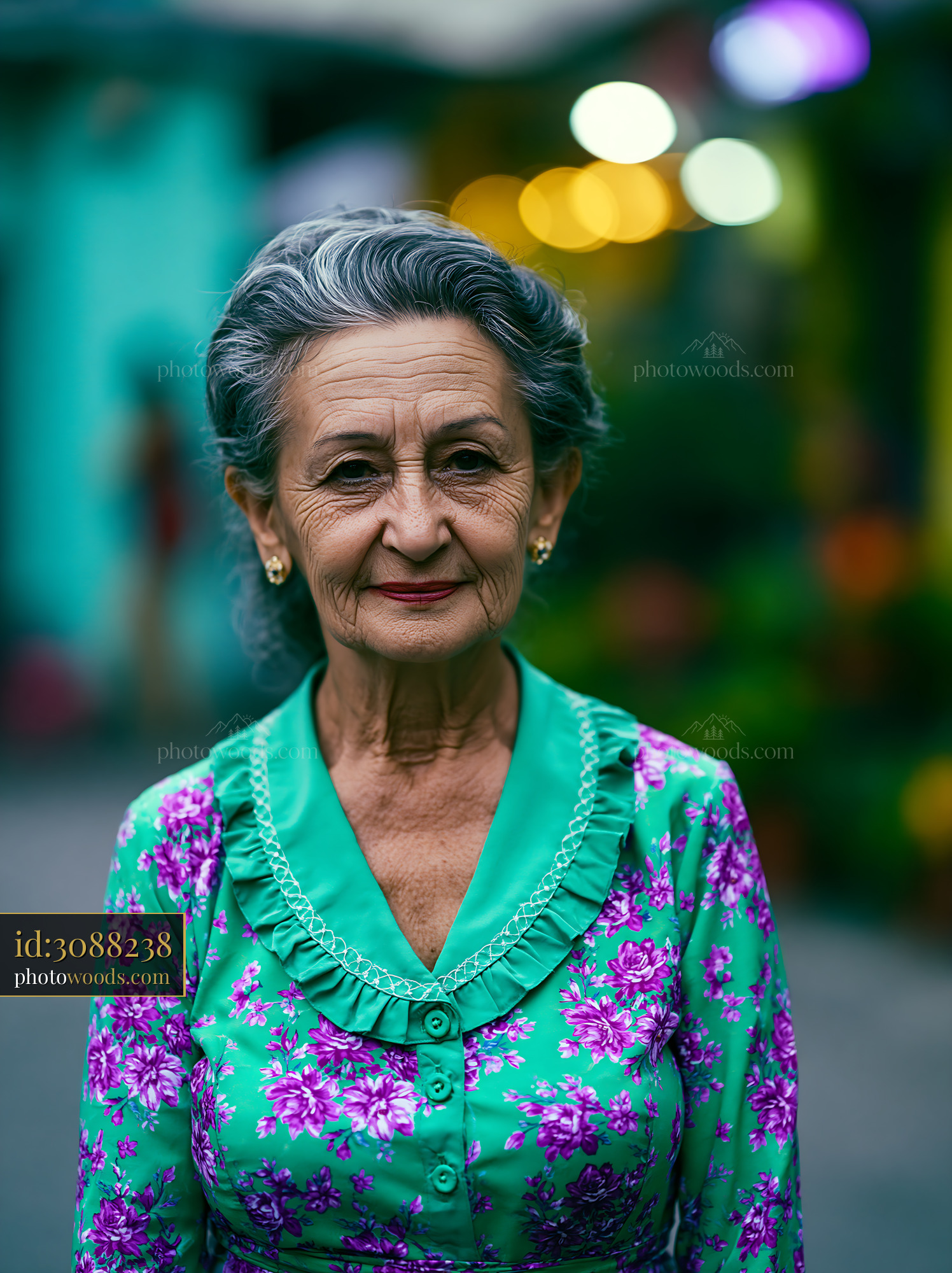 Elderly Woman Stands Confidently in Floral Dress in Vibrant Street