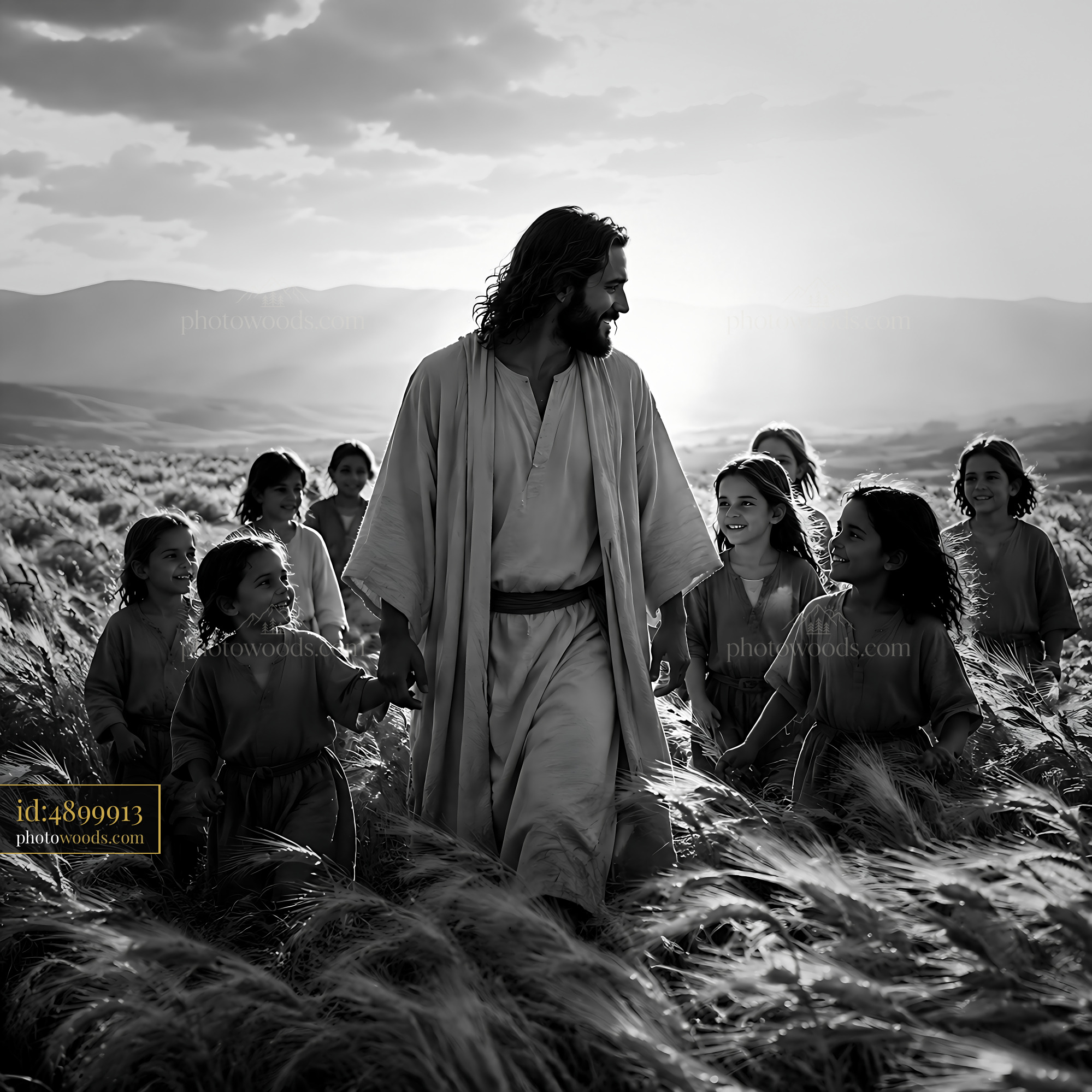 Jesus Walks Through Wheat Fields With Children During Sunset