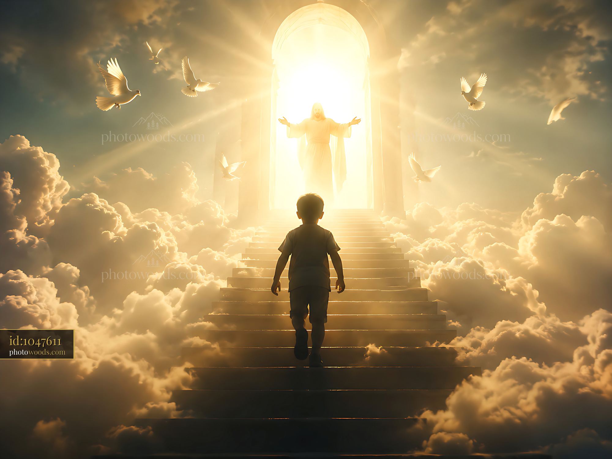 Child Walking up Steps Towards a Figure in Bright Light