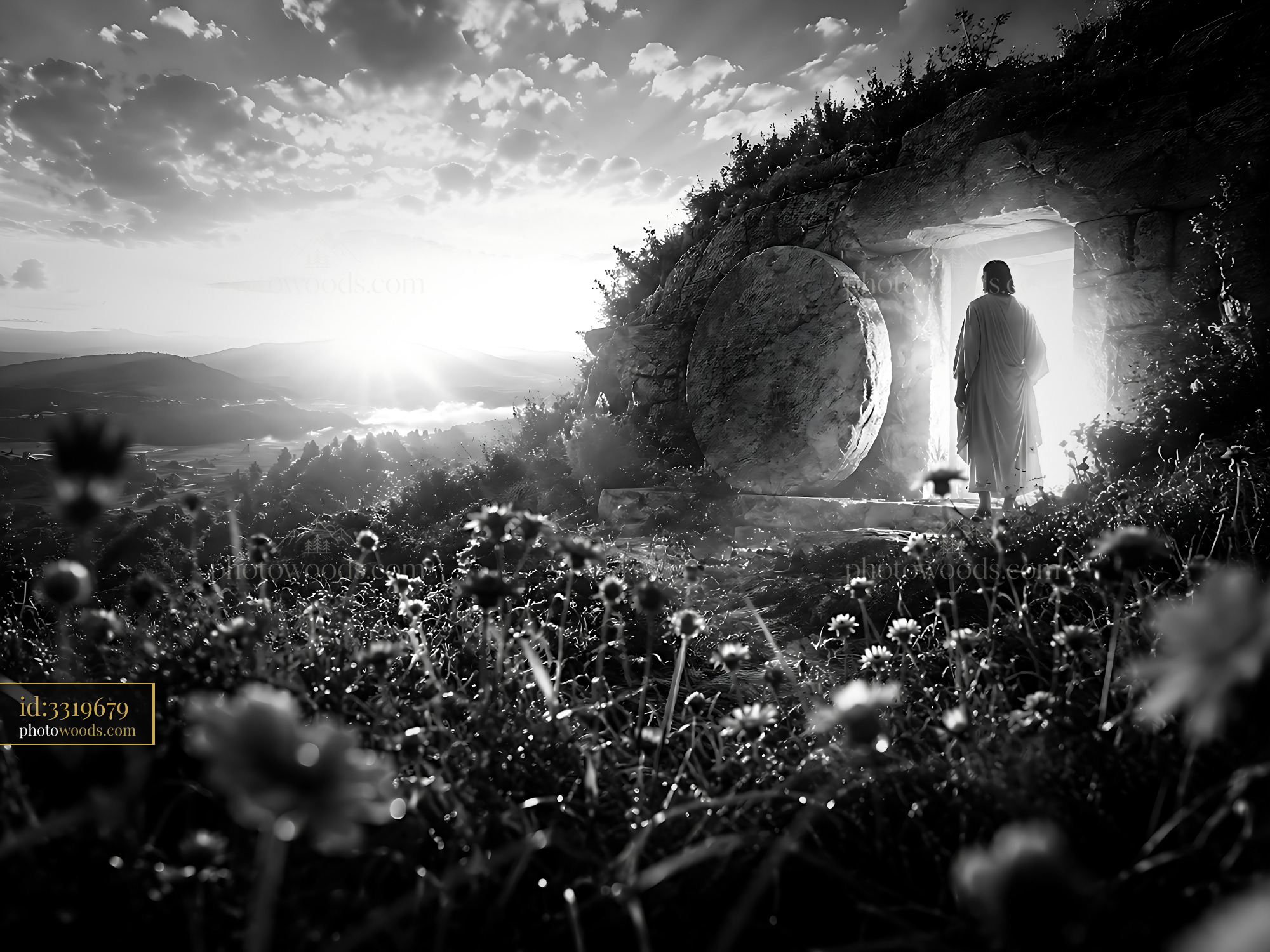 Figure Standing at the Entrance of an Open Tomb at Sunrise