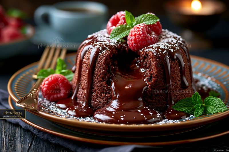 Chocolate Lava Cake With Molten Center and Fresh Raspberries