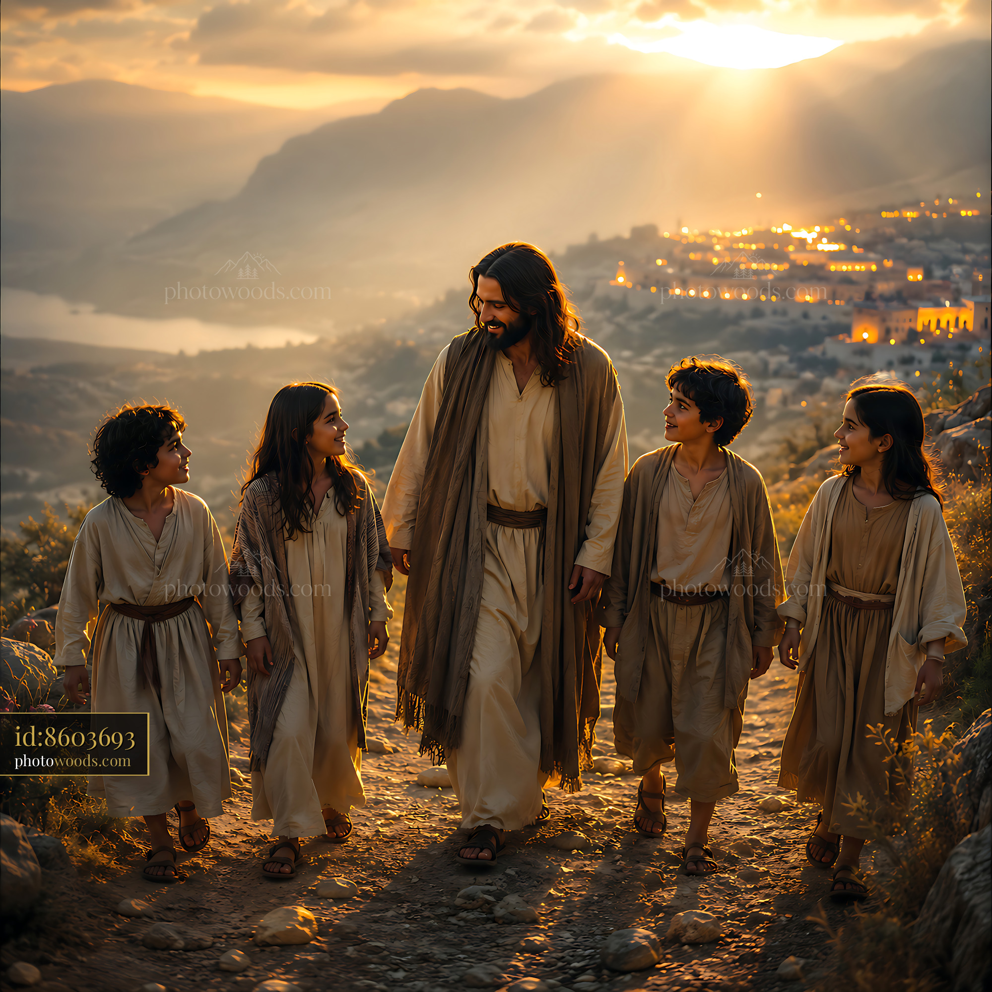 Man Walking With Children During Sunset Near a Village