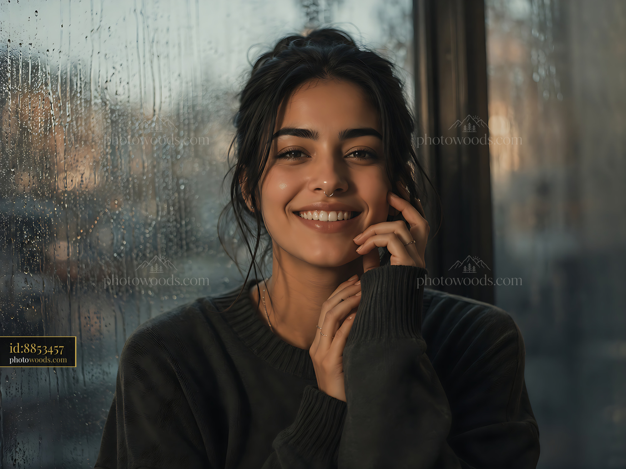 Person Smiling by a Window With Rain and Soft Light
