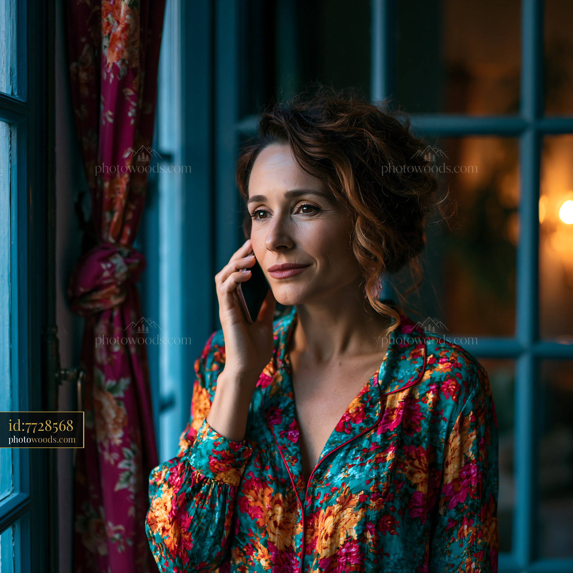 Woman Talking on Phone by Window in Colorful Pajamas