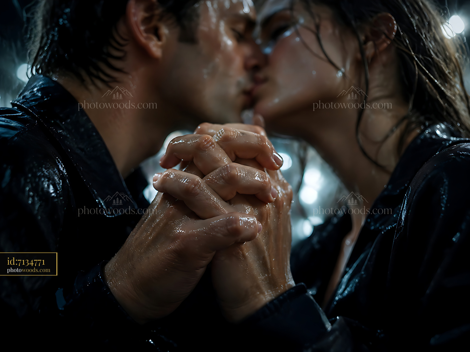 Couple Kissing in Rain While Holding Hands Together