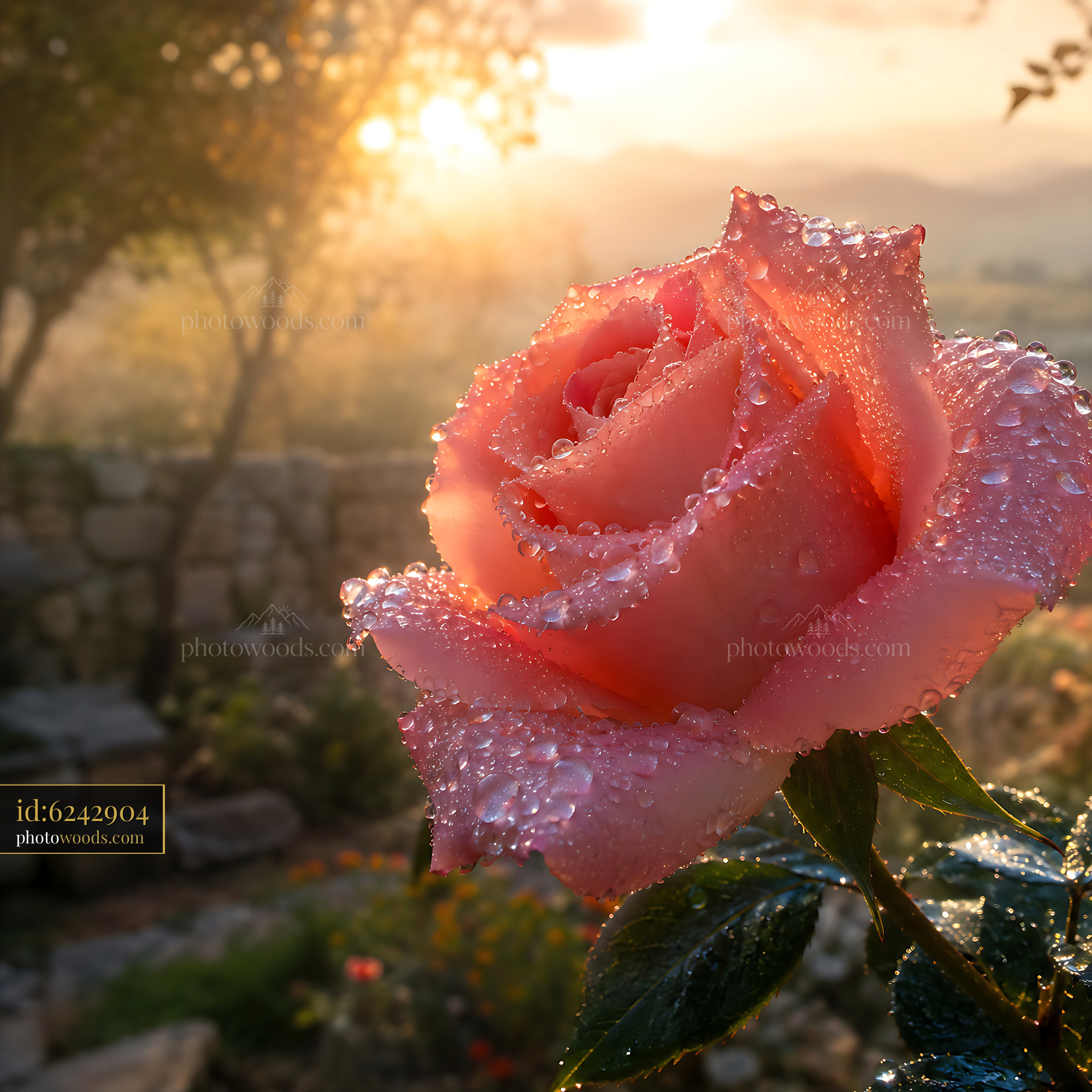 Rose With Dew in Garden During Sunrise With Blurred Background