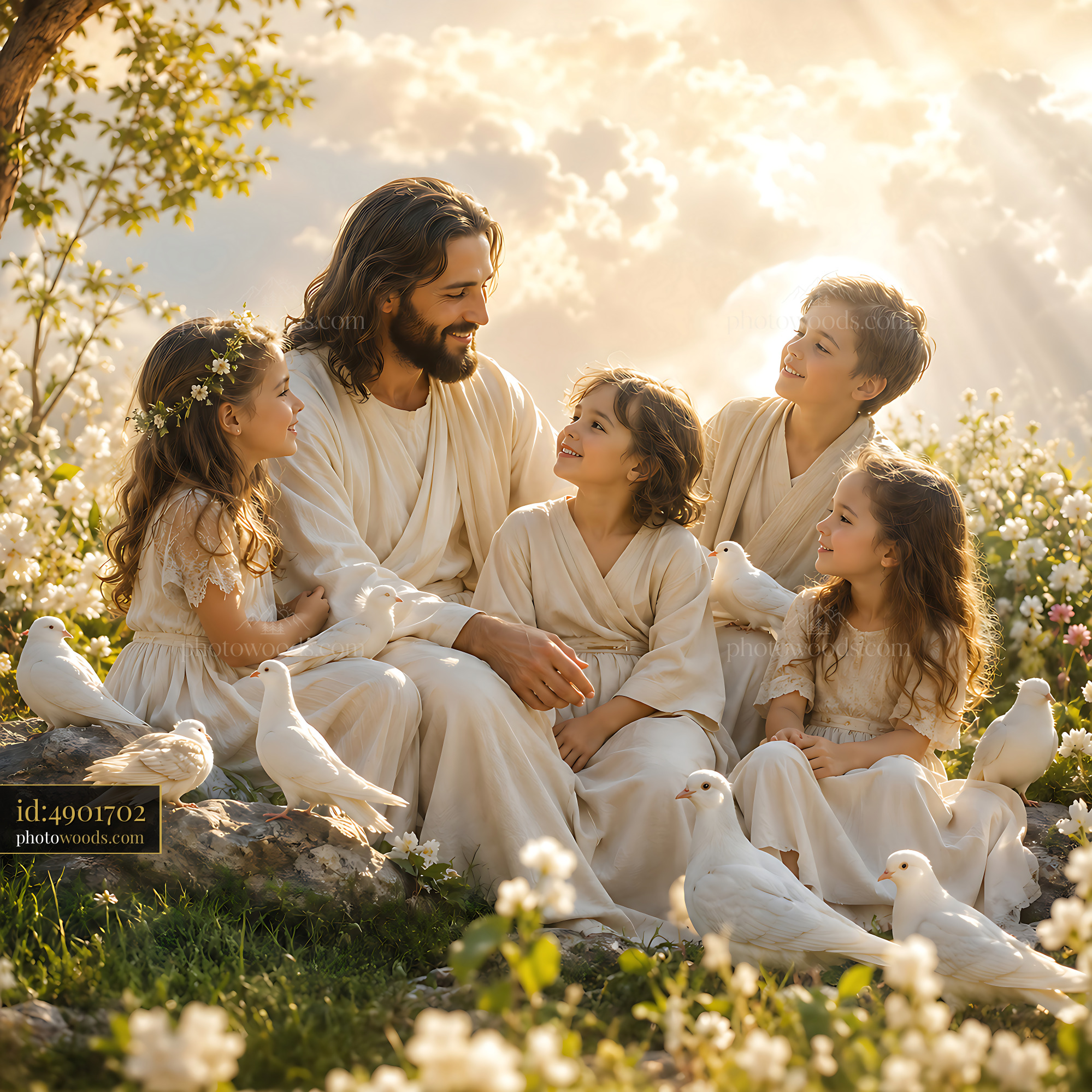 Children Gather Around a Man in White Robes in a Garden