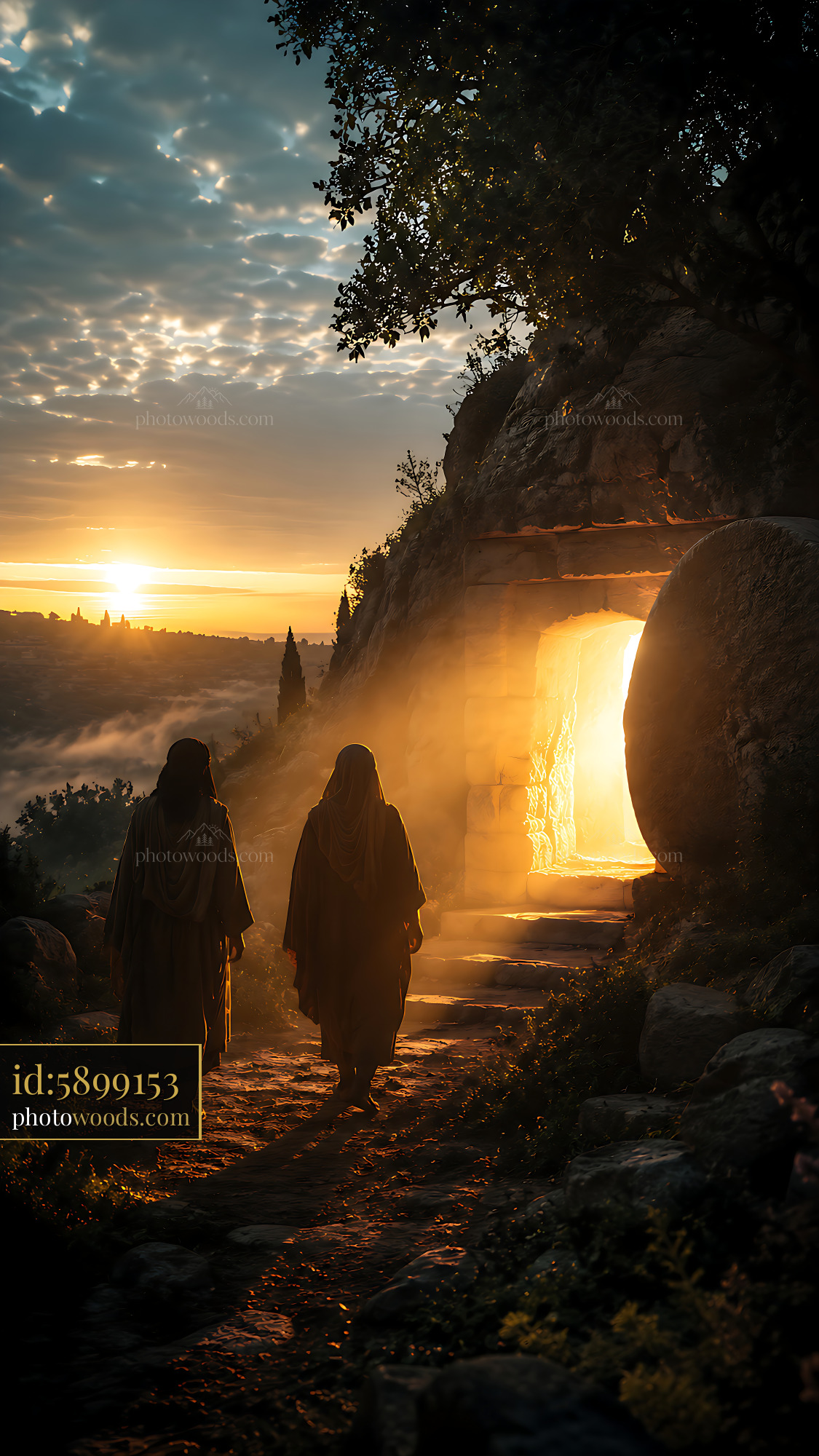 Two Figures Walking Towards a Glowing Door at Sunrise on a Hill