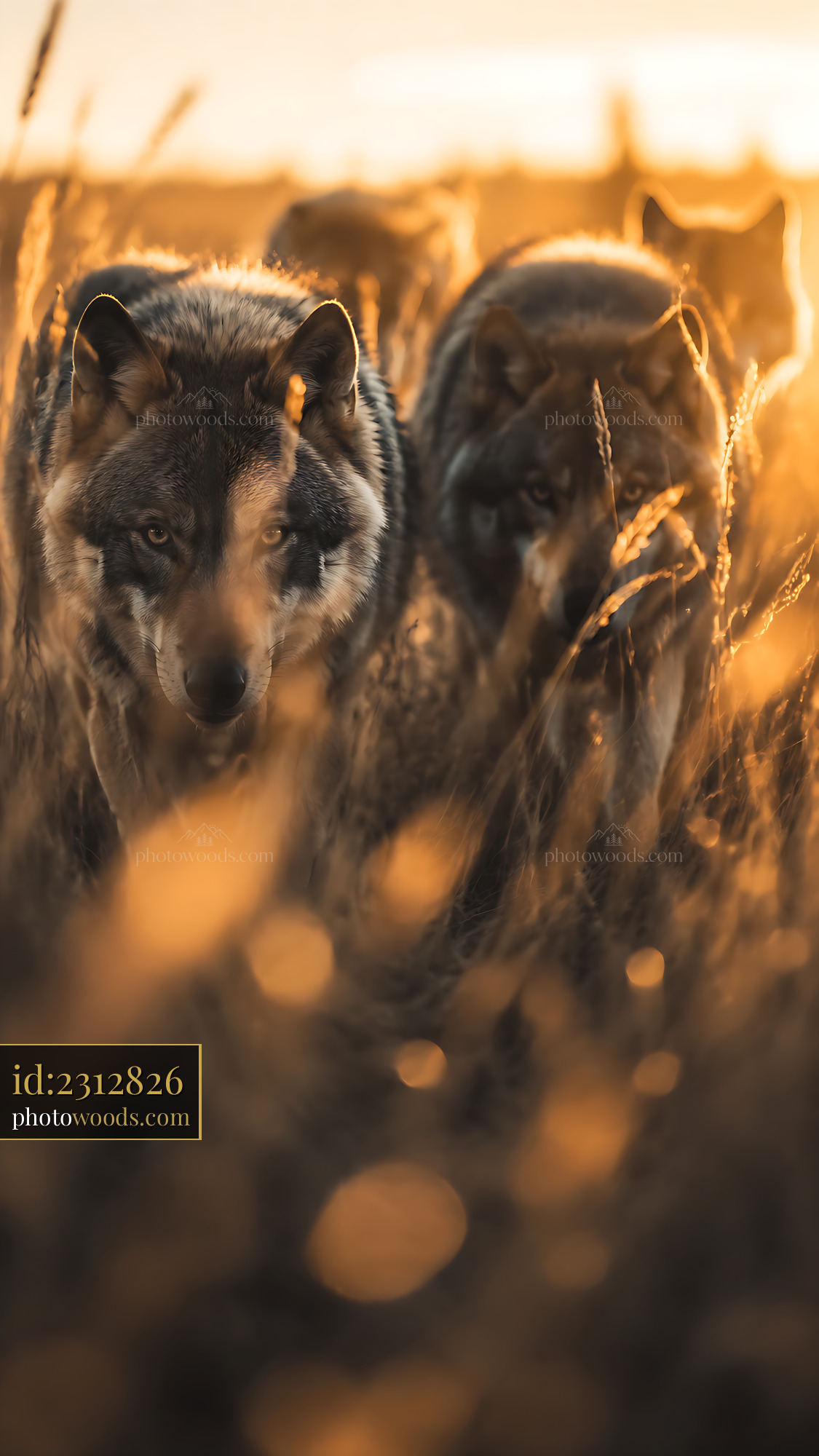 Wolves Walking Through Tall Grass at Sunset With Golden Light