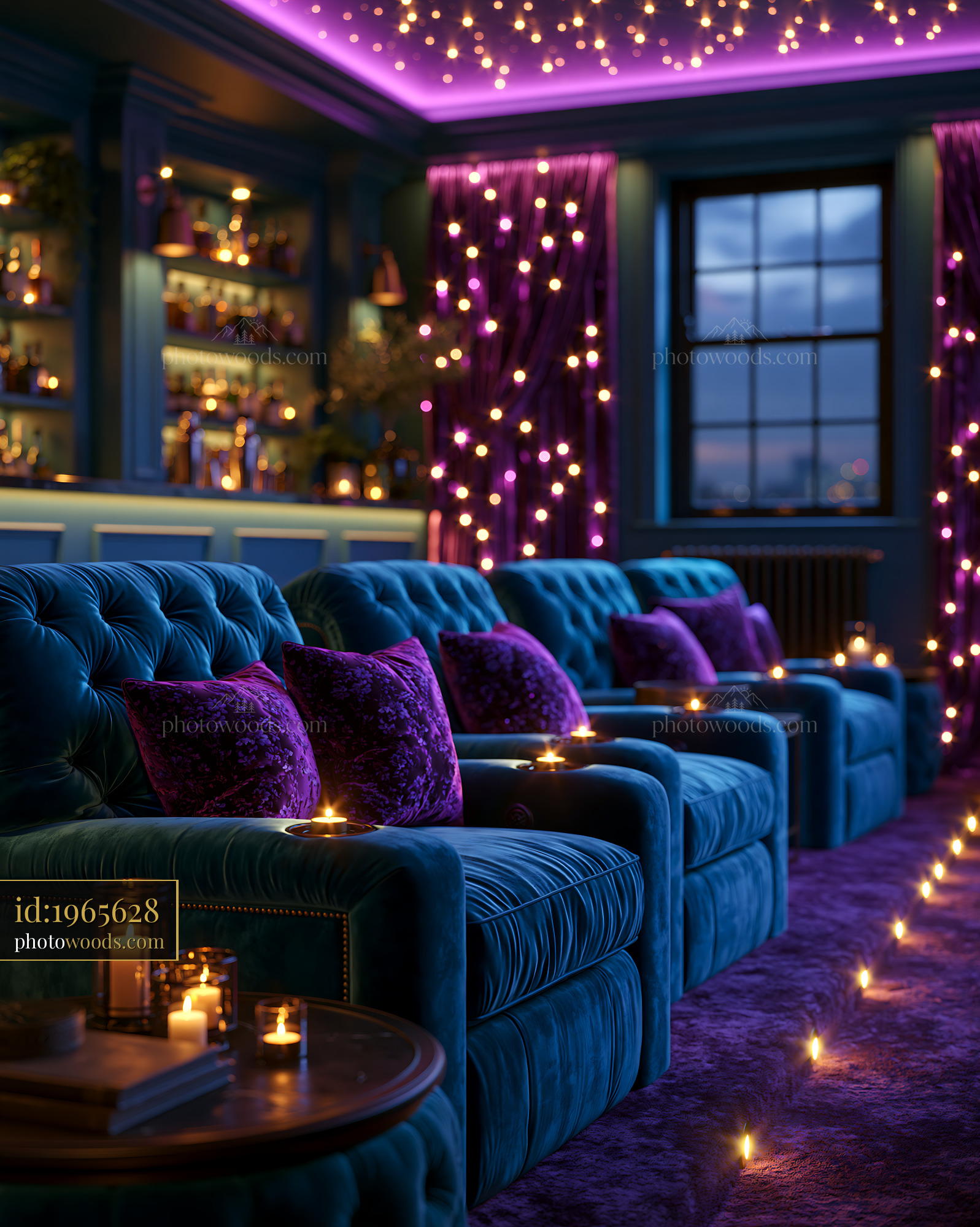 Hidden Basement Cinema With Purple Lights and Velvet Seating
