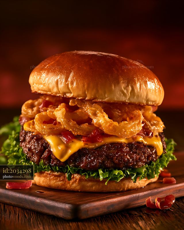 Gourmet cheeseburger with crispy onion rings and lettuce
