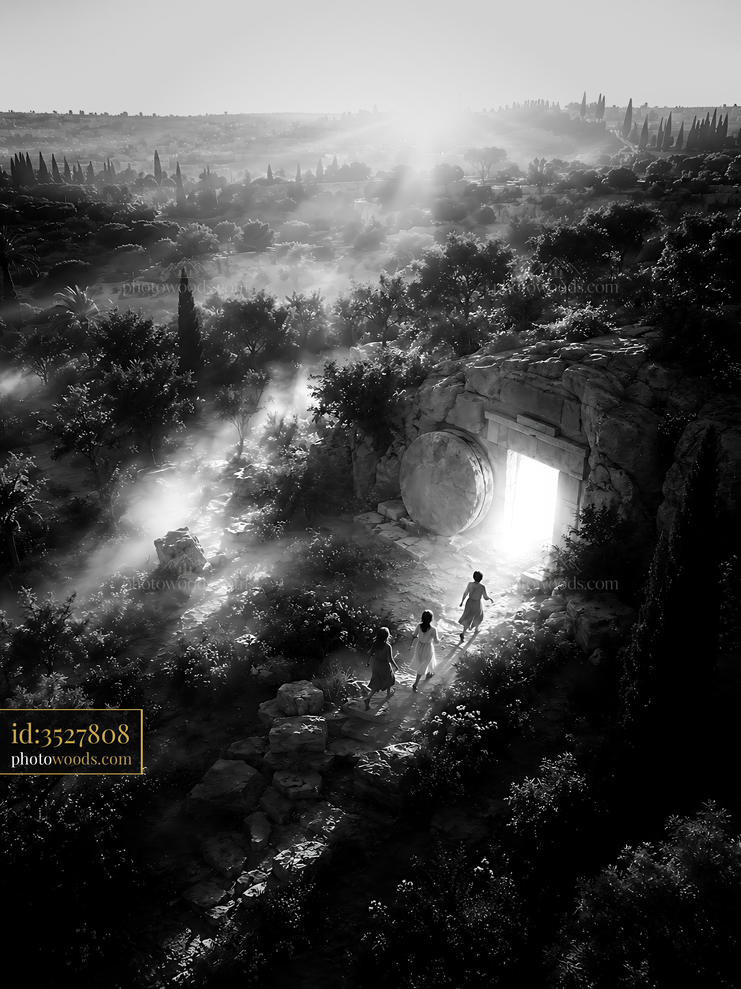 People Walking Toward Light Through Doorway in a Foggy Landscape