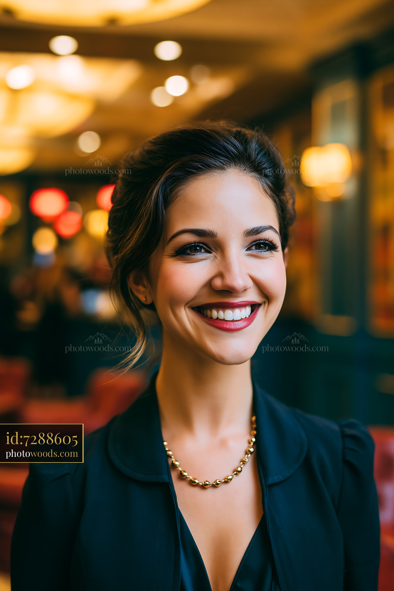 Woman Smiling Indoors in Elegant Setting With Warm Lighting