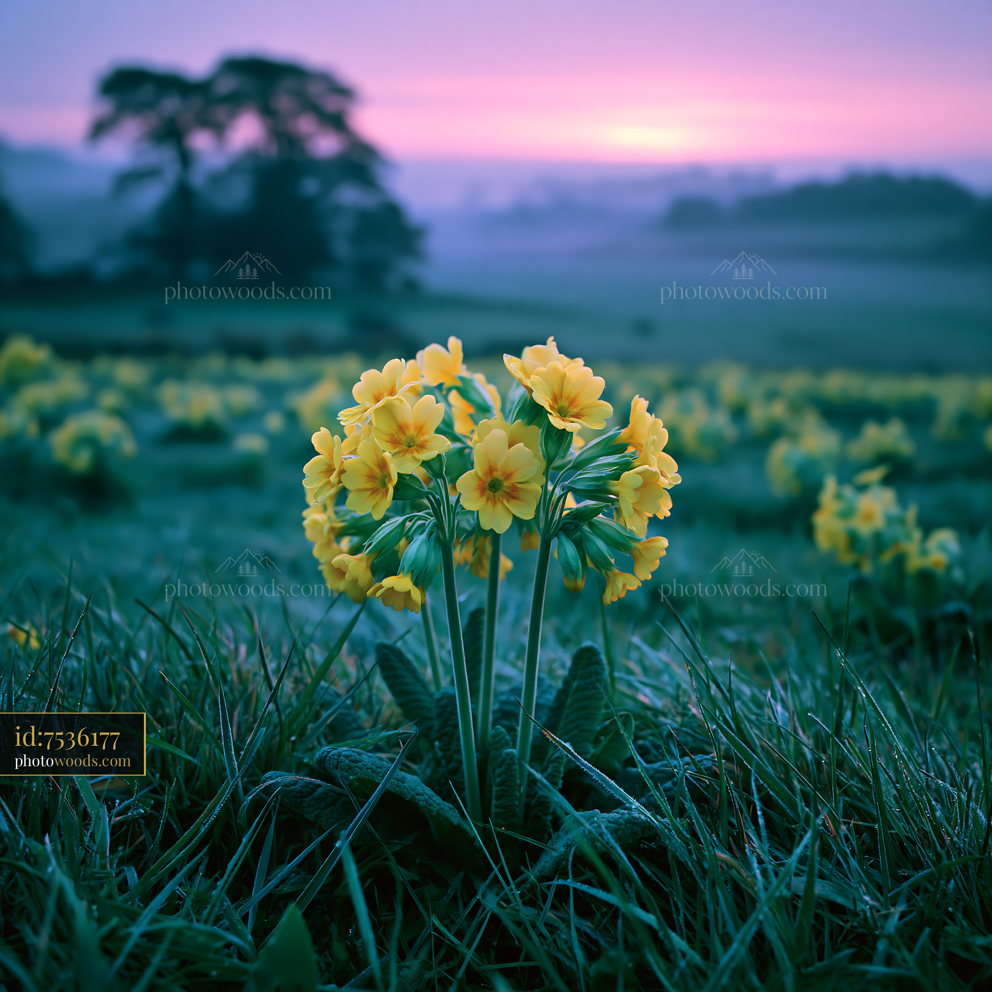 Cowslip Blooming in Meadow at Sunrise, England