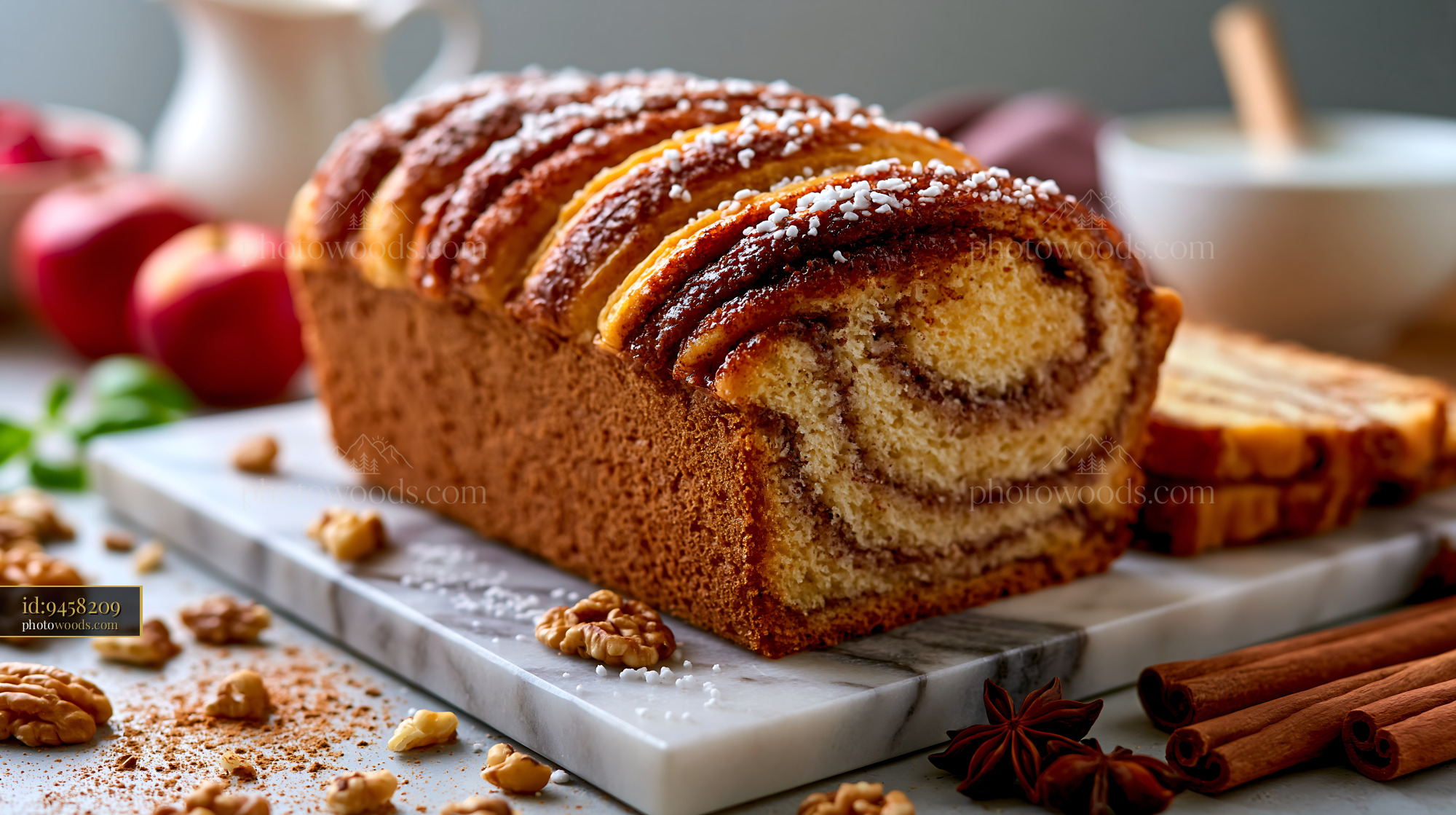 Cinnamon Babka Loaf With Swirled Layers on a Marble Countertop