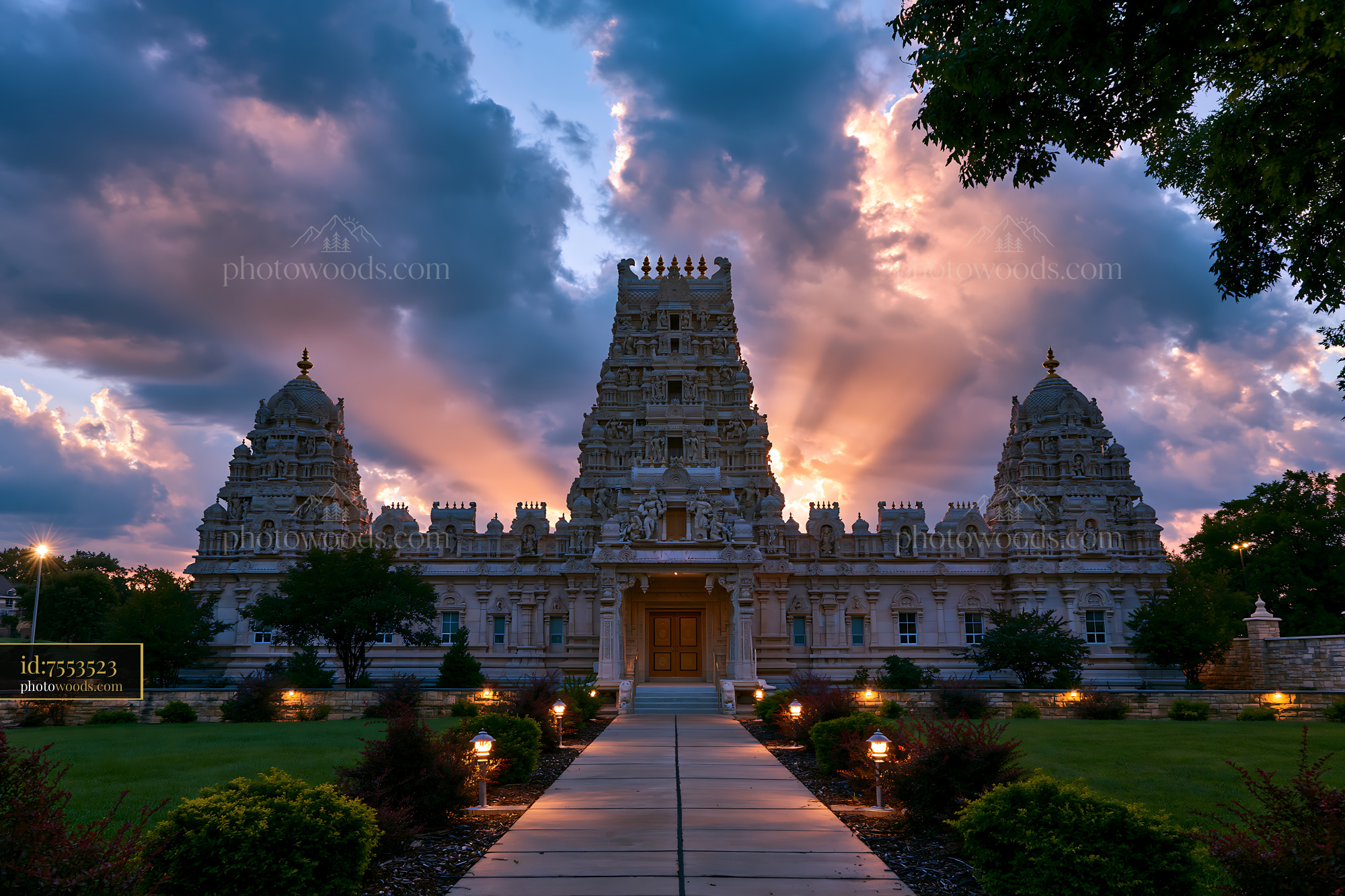 Hindu Temple at Sunset With Colorful Clouds in Backdrop