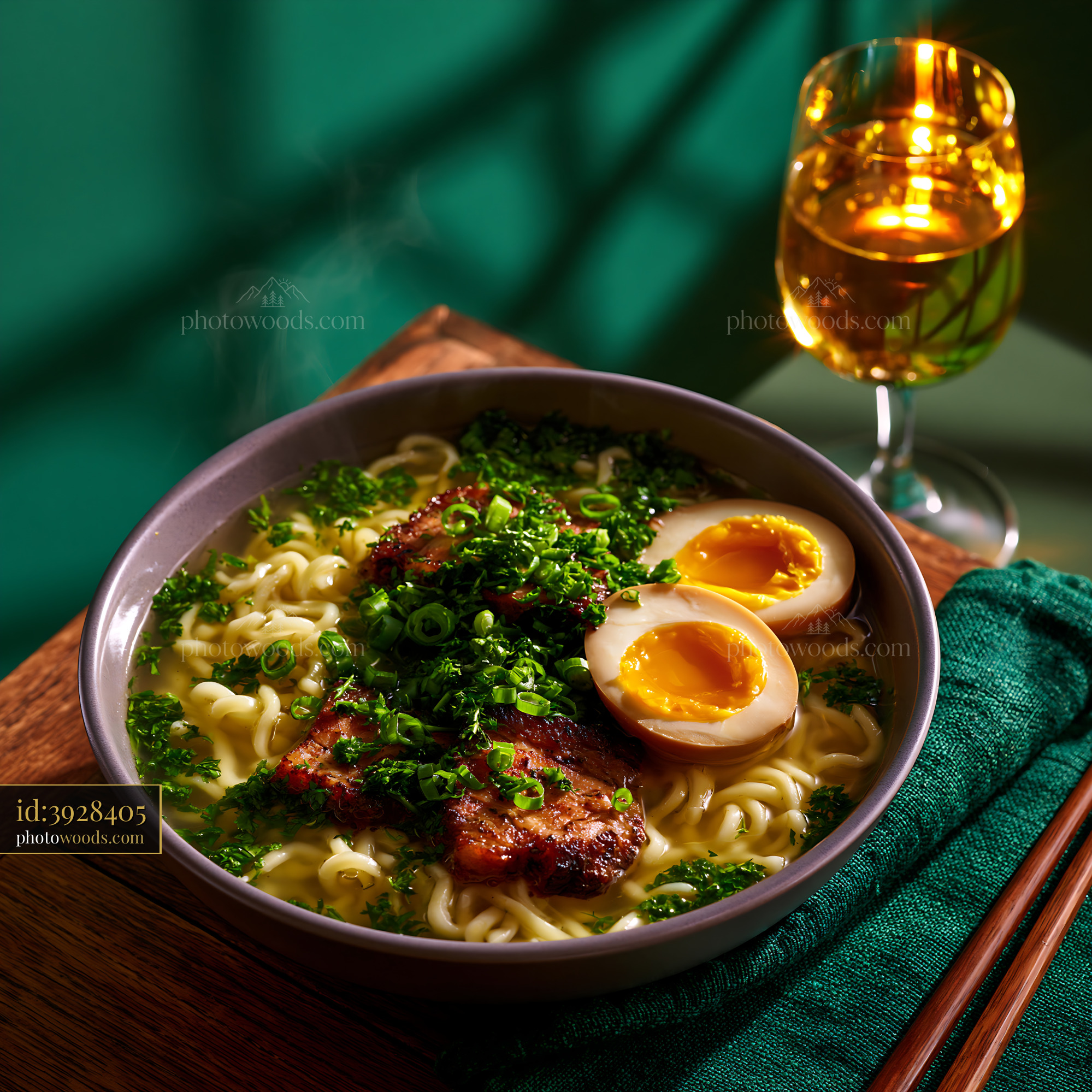 Bowl of Ramen With Chashu and Soft Egg Served With Drink