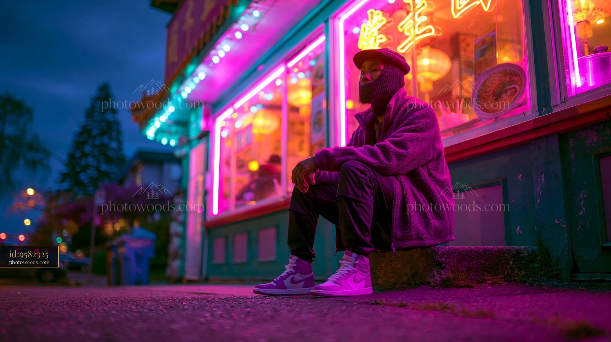 Young Man Sitting in Front of Neon Lit Restaurant at Night